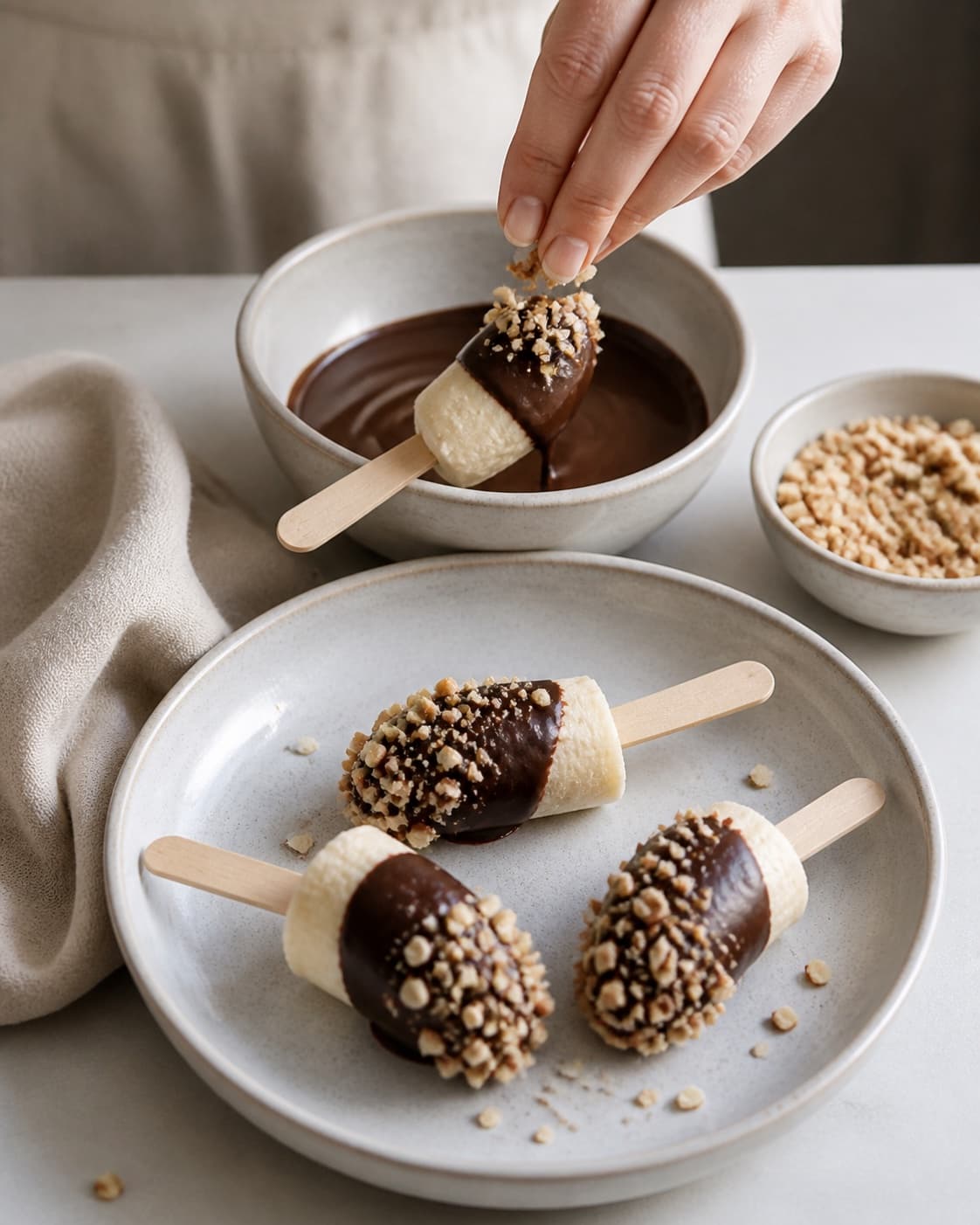 Frozen banana ice pops being dipped in dark chocolate and sprinkled with chopped nuts under tilberedningen af bananis af frosne bananstykker