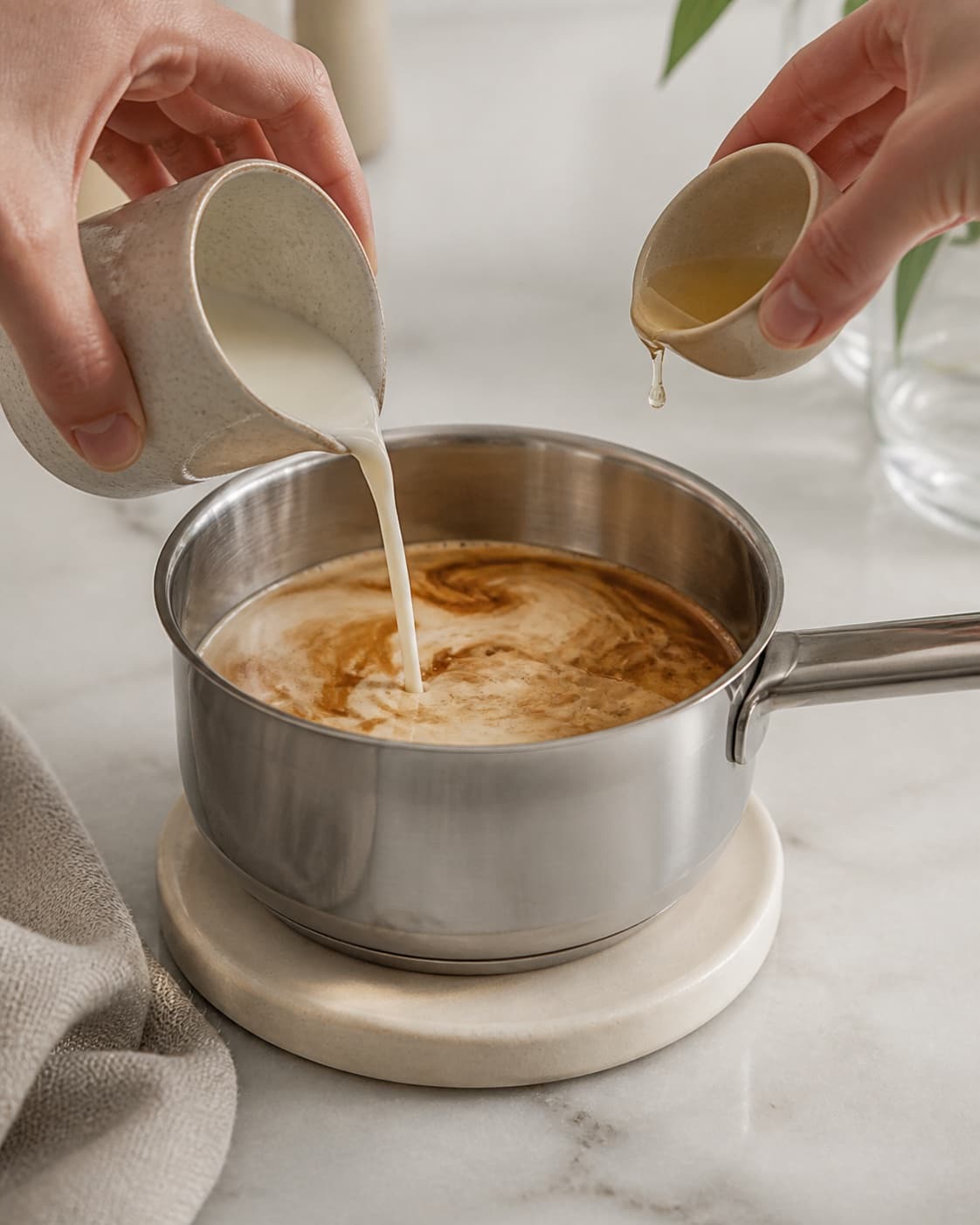 One single photorealistic instructional frame of the aromatic drink base being prepared in one small saucepan for Iced Dolce Latte, featuring espresso, mælk, vaniljesirup, with only the named equipment and no unrelated food, text, logos or packaging under tilberedningen af iced dolce latte