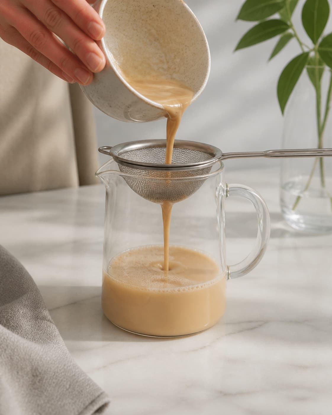 One single photorealistic instructional frame of a strained drink base cooling in one clear jug for Iced Dolce Latte, featuring espresso, mælk, vaniljesirup, with only the named equipment and no unrelated food, text, logos or packaging under tilberedningen af iced dolce latte