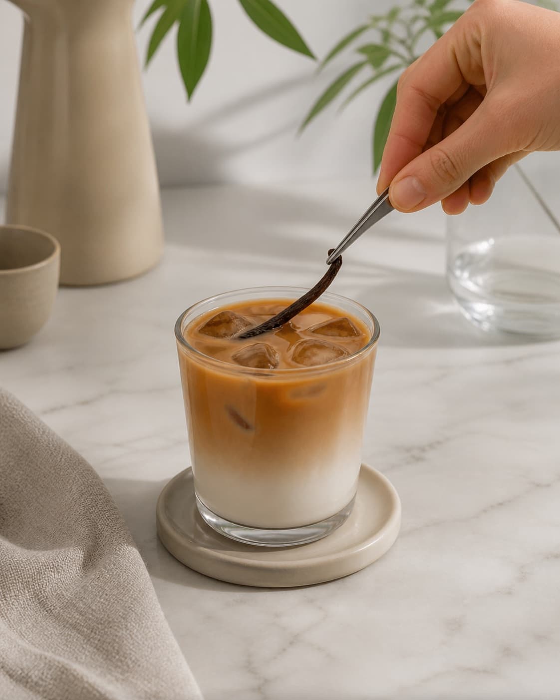 One single photorealistic instructional frame of the completed drink in clean chilled glasses with restrained garnish for Iced Dolce Latte, featuring espresso, mælk, vaniljesirup, with only the named equipment and no unrelated food, text, logos or packaging under tilberedningen af iced dolce latte