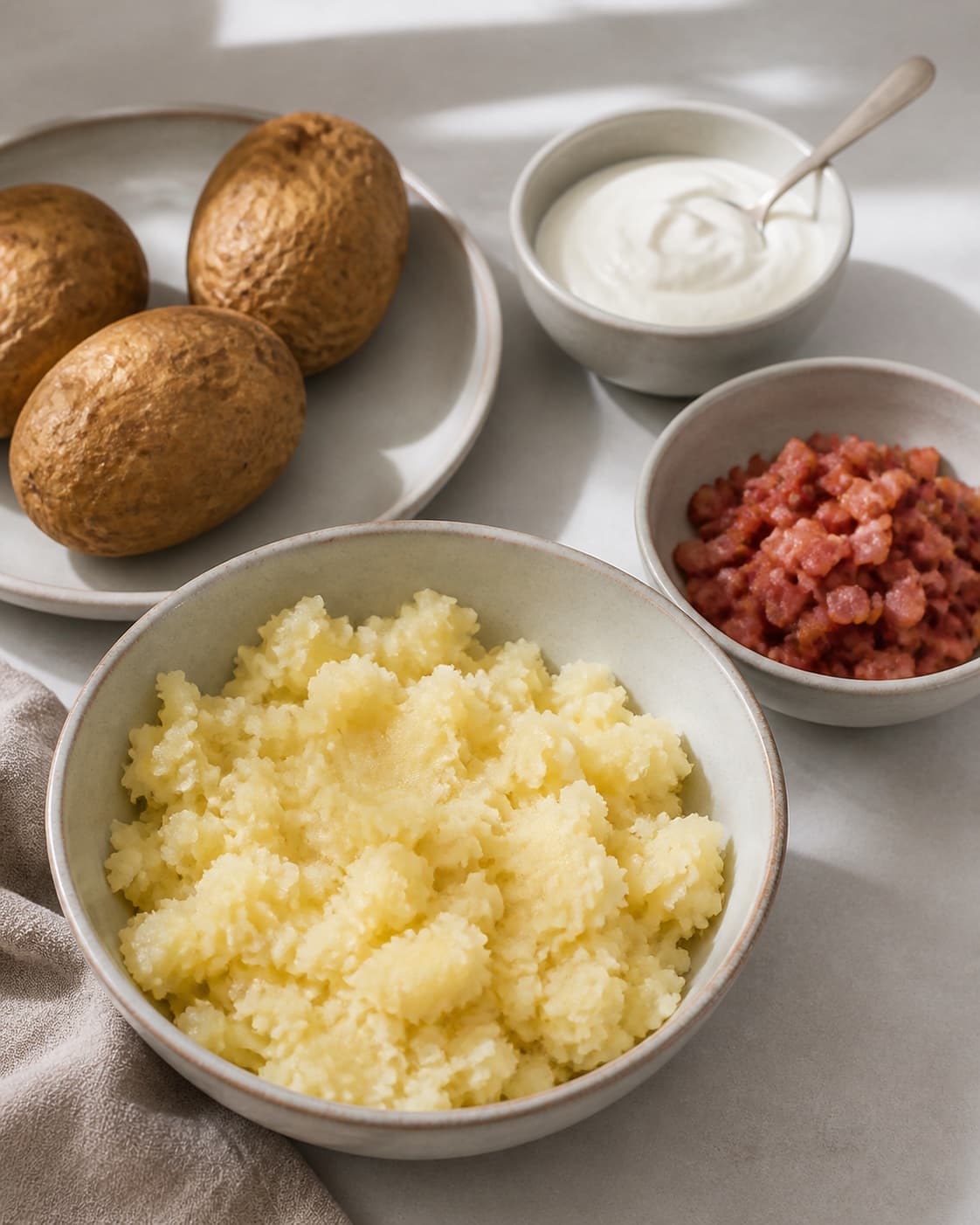 One single photorealistic instructional frame of prepared filling ingredients arranged separately for Bagte kartofler med fyld, featuring bagekartofler, bacon, cremefraiche, with only the named equipment and no unrelated food, text, logos or packaging under tilberedningen af bagte kartofler med fyld