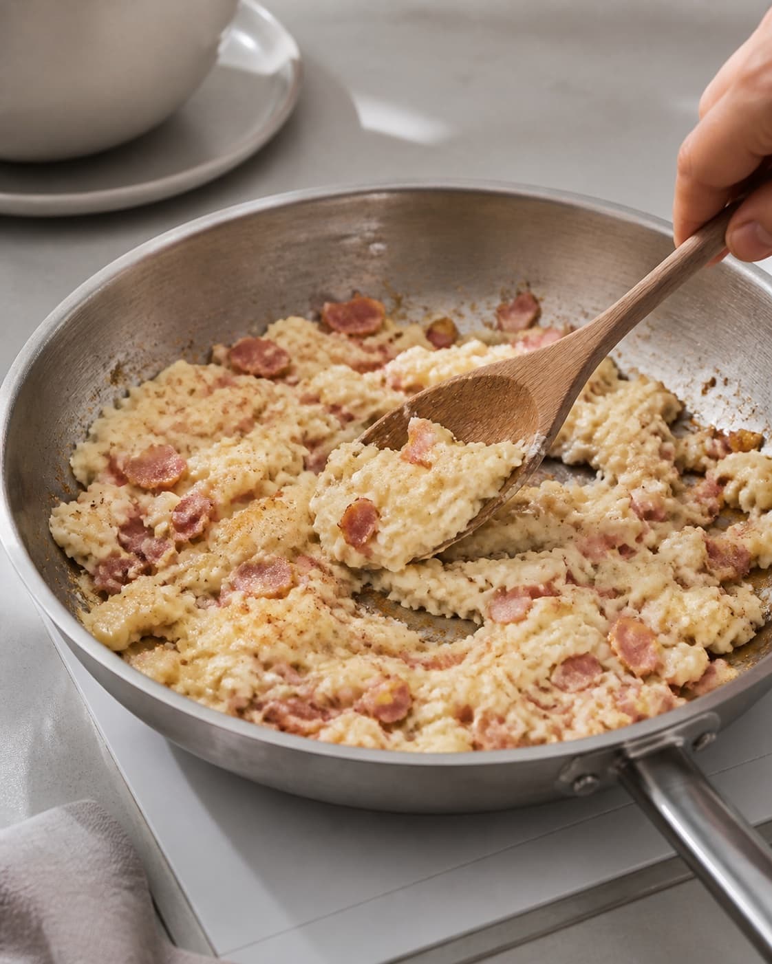One single photorealistic instructional frame of the savoury filling browning in one skillet for Bagte kartofler med fyld, featuring bagekartofler, bacon, cremefraiche, with only the named equipment and no unrelated food, text, logos or packaging under tilberedningen af bagte kartofler med fyld