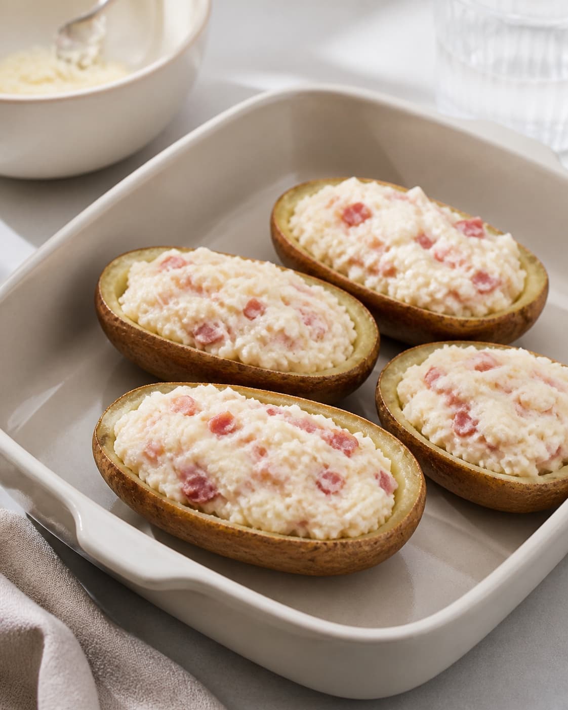 One single photorealistic instructional frame of the unbaked casserole assembled in one clean dish for Bagte kartofler med fyld, featuring bagekartofler, bacon, cremefraiche, with only the named equipment and no unrelated food, text, logos or packaging under tilberedningen af bagte kartofler med fyld