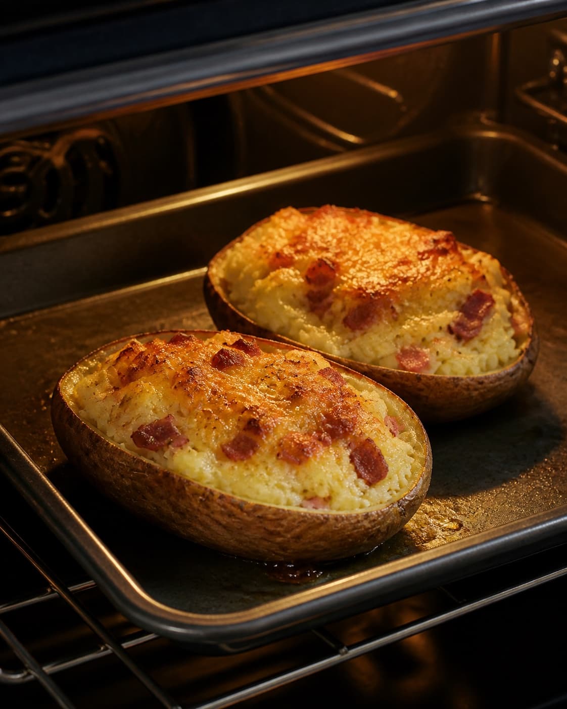 One single photorealistic instructional frame of the casserole bubbling and browning in the oven for Bagte kartofler med fyld, featuring bagekartofler, bacon, cremefraiche, with only the named equipment and no unrelated food, text, logos or packaging under tilberedningen af bagte kartofler med fyld
