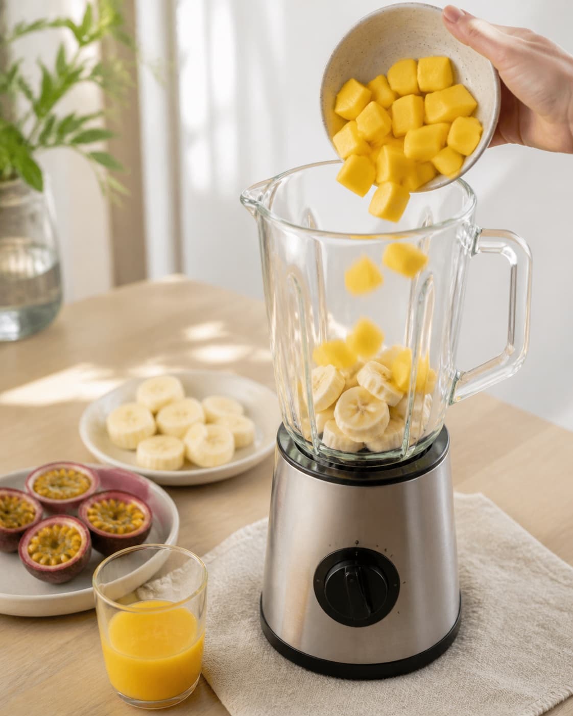 One single photorealistic instructional frame of prepared fruit and measured liquid beside one blender for Smoothie med passionsfrugt, mango og mynte, featuring passionsfrugt, mango, banan, with only the named equipment and no unrelated food, text, logos or packaging under tilberedningen af smoothie med passionsfrugt, mango og mynte