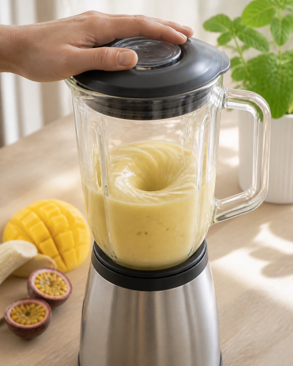 One single photorealistic instructional frame of a smooth pale base swirling inside one blender for Smoothie med passionsfrugt, mango og mynte, featuring passionsfrugt, mango, banan, with only the named equipment and no unrelated food, text, logos or packaging under tilberedningen af smoothie med passionsfrugt, mango og mynte