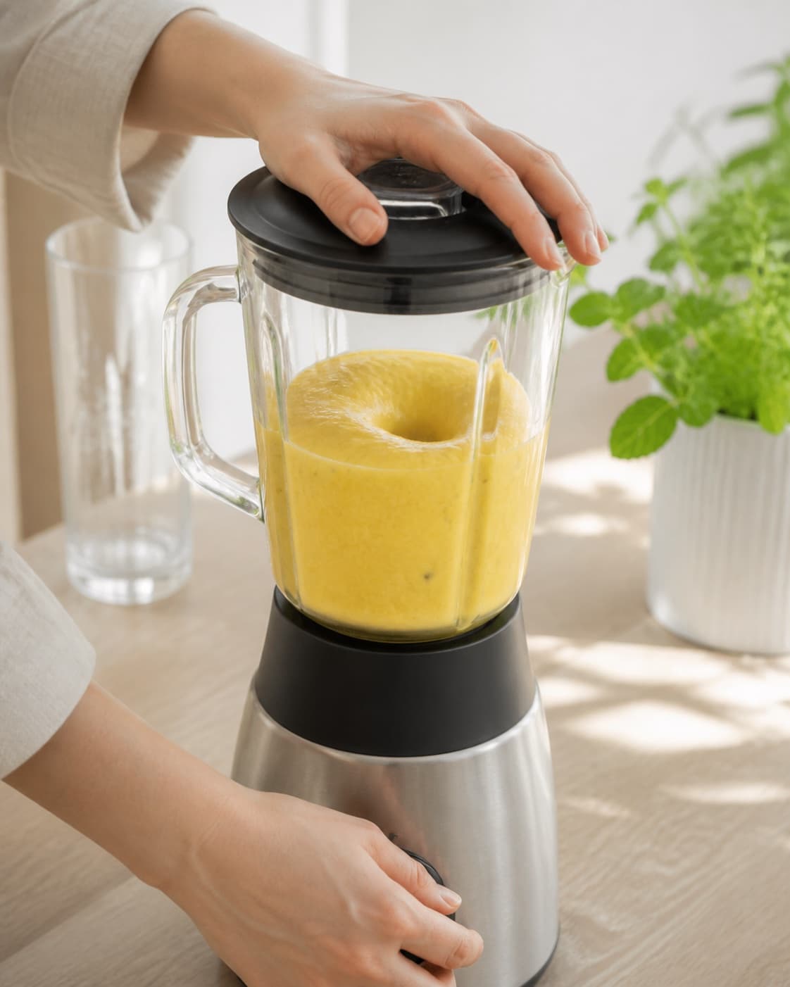 One single photorealistic instructional frame of the final colorful smoothie blending until thick and uniform for Smoothie med passionsfrugt, mango og mynte, featuring passionsfrugt, mango, banan, with only the named equipment and no unrelated food, text, logos or packaging under tilberedningen af smoothie med passionsfrugt, mango og mynte