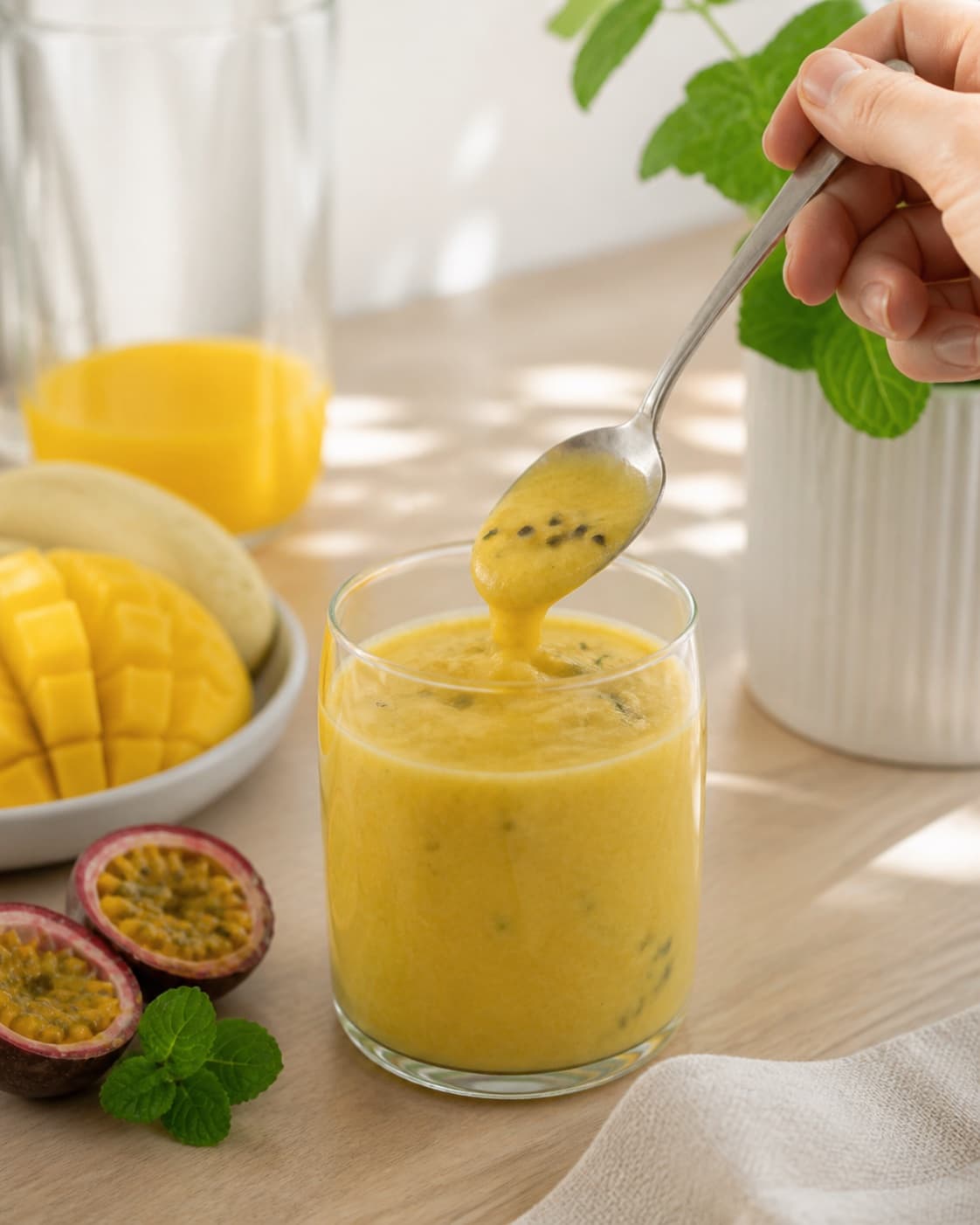 One single photorealistic instructional frame of one spoon checking the thick smoothie consistency for Smoothie med passionsfrugt, mango og mynte, featuring passionsfrugt, mango, banan, with only the named equipment and no unrelated food, text, logos or packaging under tilberedningen af smoothie med passionsfrugt, mango og mynte