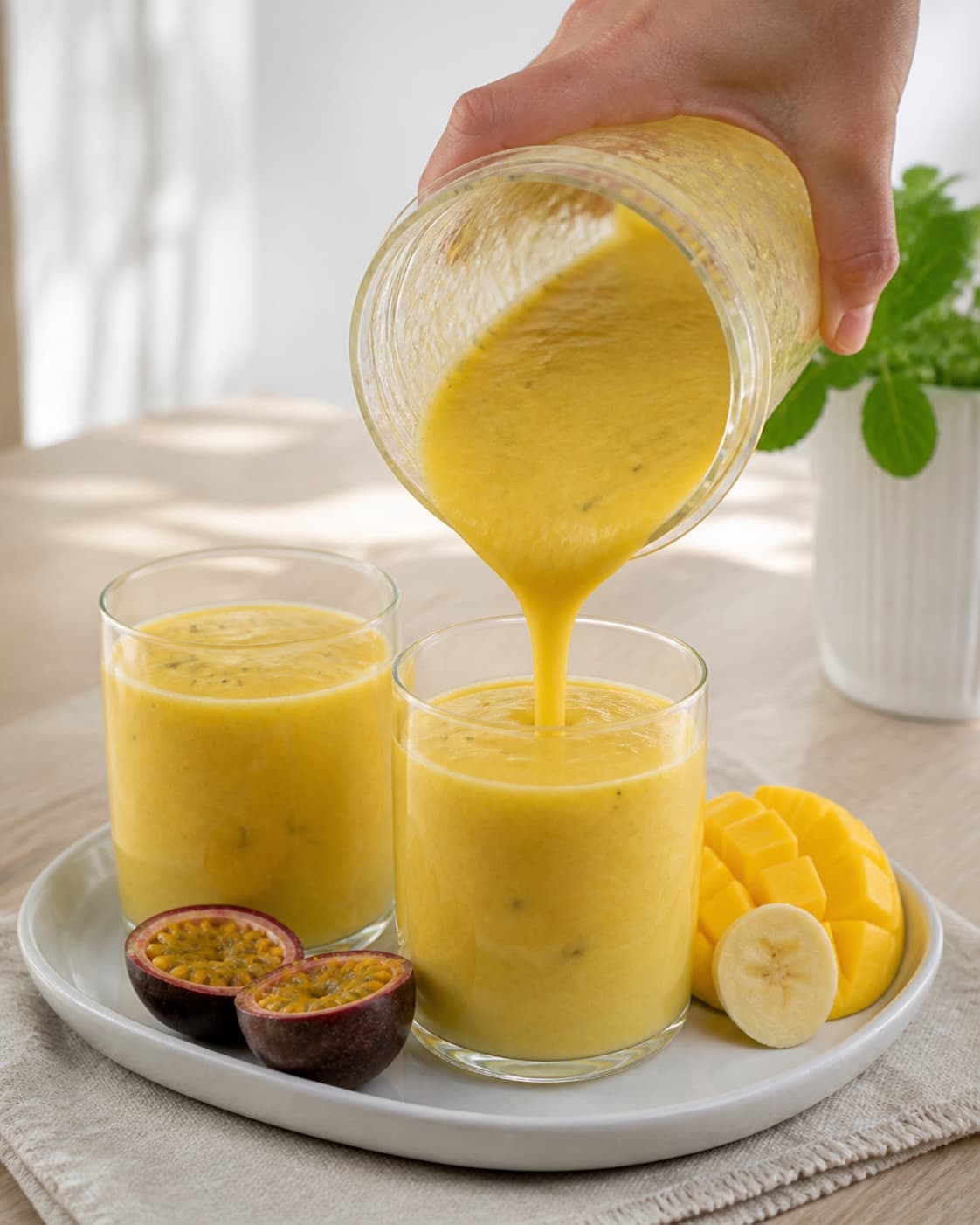One single photorealistic instructional frame of the finished smoothie poured into clean chilled glasses or bowls for Smoothie med passionsfrugt, mango og mynte, featuring passionsfrugt, mango, banan, with only the named equipment and no unrelated food, text, logos or packaging under tilberedningen af smoothie med passionsfrugt, mango og mynte