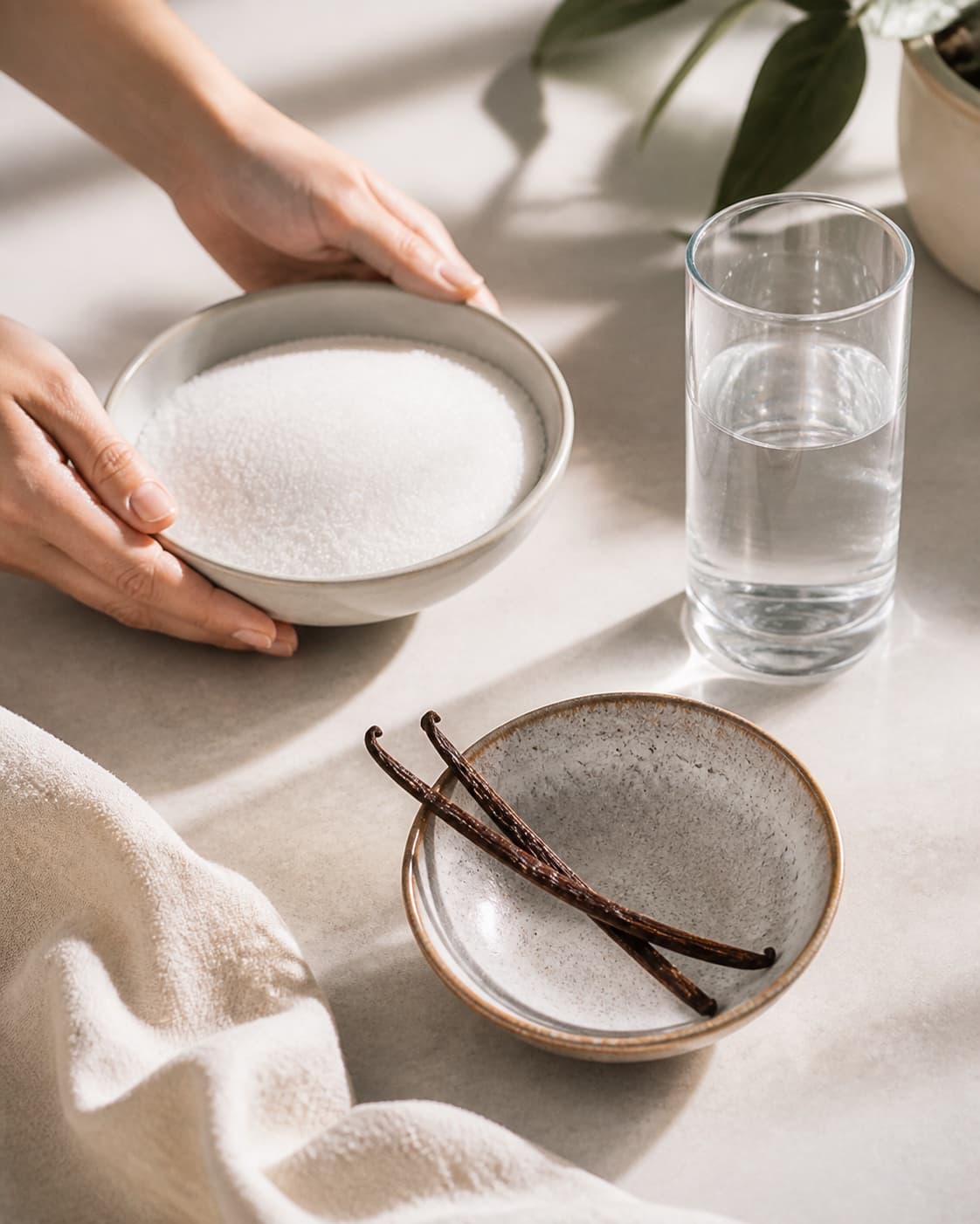 One single photorealistic instructional frame of sauce ingredients prepared in separate bowls for Vaniljesirup, featuring sukker, vand, vaniljestang, with only the named equipment and no unrelated food, text, logos or packaging under tilberedningen af vaniljesirup