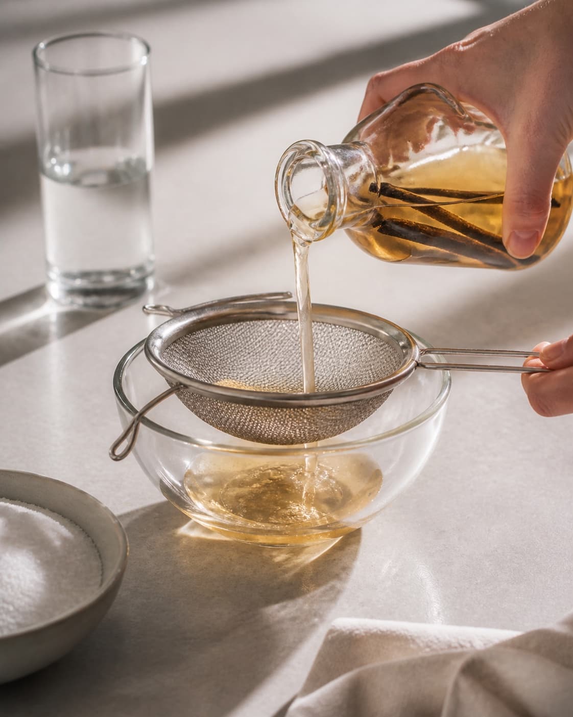 One single photorealistic instructional frame of the cooked sauce being blended or strained smooth for Vaniljesirup, featuring sukker, vand, vaniljestang, with only the named equipment and no unrelated food, text, logos or packaging under tilberedningen af vaniljesirup