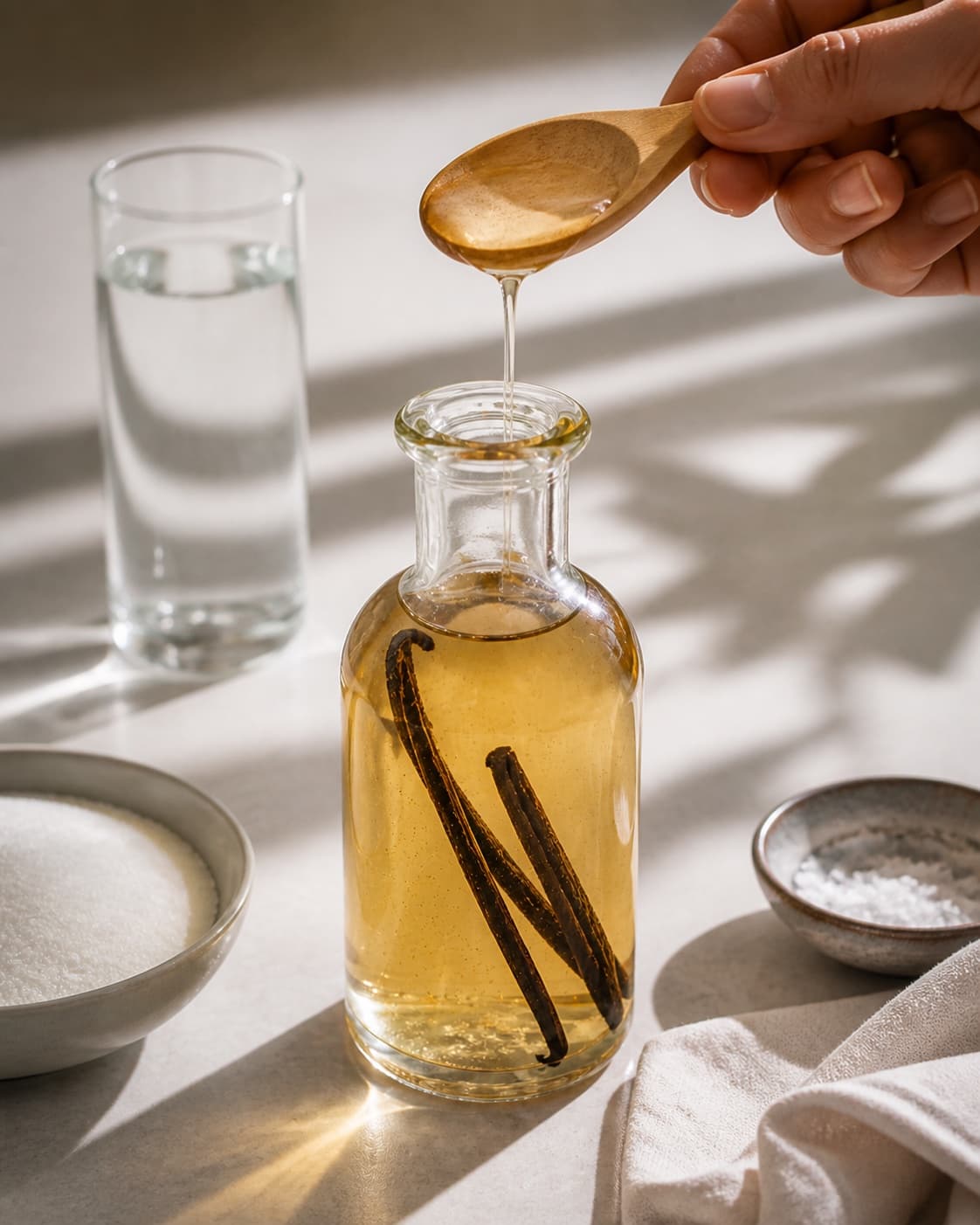 One single photorealistic instructional frame of the sauce consistency and seasoning being checked for Vaniljesirup, featuring sukker, vand, vaniljestang, with only the named equipment and no unrelated food, text, logos or packaging under tilberedningen af vaniljesirup