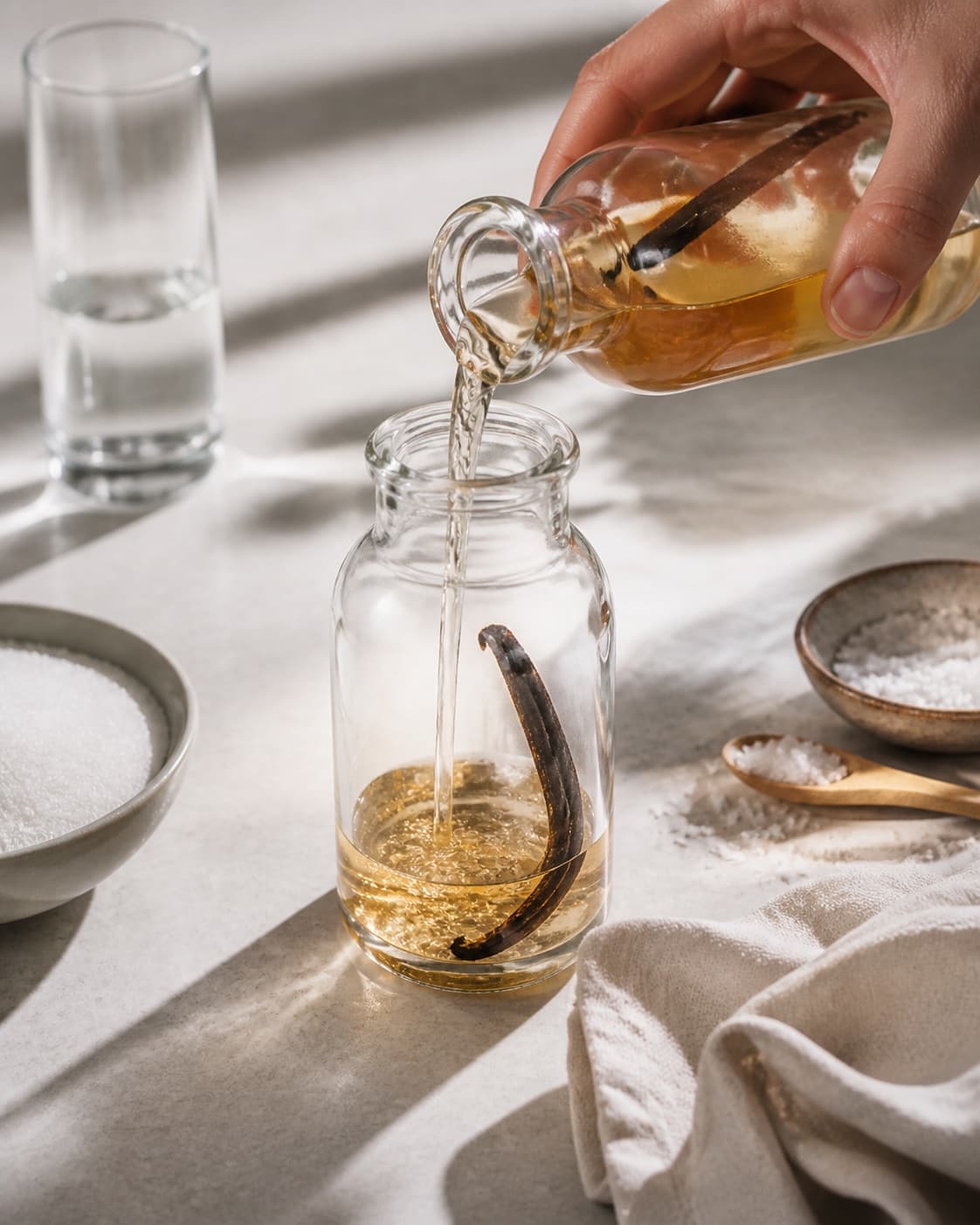 One single photorealistic instructional frame of the finished sauce being transferred into one clean jar for Vaniljesirup, featuring sukker, vand, vaniljestang, with only the named equipment and no unrelated food, text, logos or packaging under tilberedningen af vaniljesirup