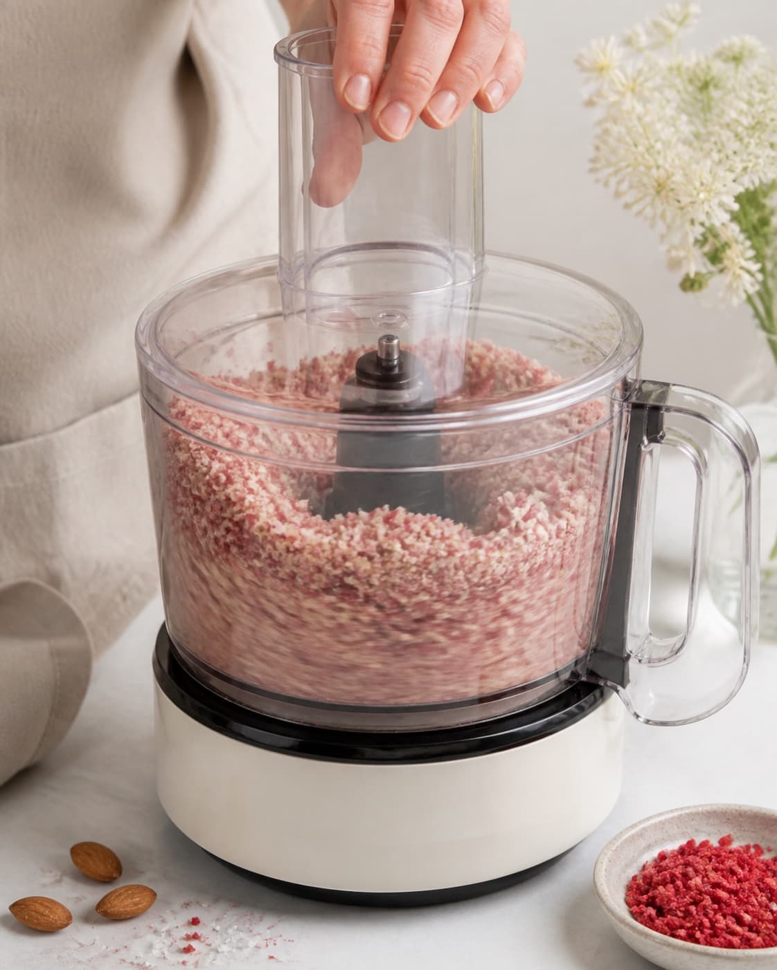 One single photorealistic instructional frame of the confection base becoming cohesive in one food processor for Mandler med hvid chokolade og hindbærdrys, featuring mandler, hvid chokolade, frysetørrede hindbær, with only the named equipment and no unrelated food, text, logos or packaging under tilberedningen af mandler med hvid chokolade og hindbærdrys