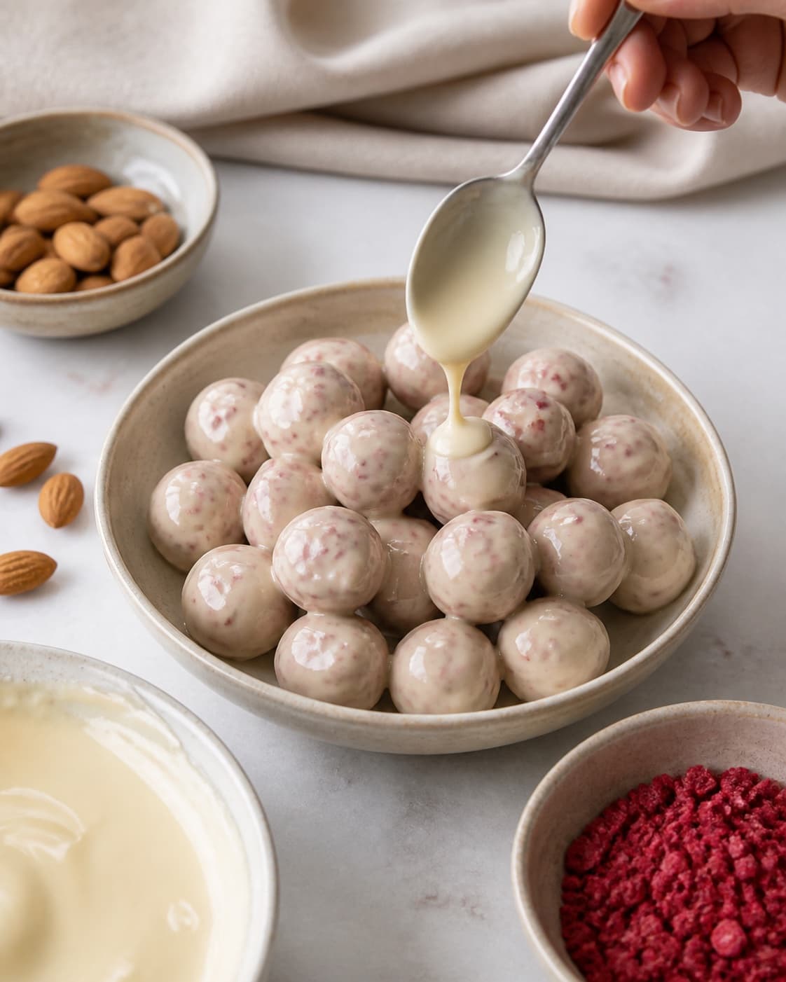 One single photorealistic instructional frame of the shaped pieces receiving an even coating for Mandler med hvid chokolade og hindbærdrys, featuring mandler, hvid chokolade, frysetørrede hindbær, with only the named equipment and no unrelated food, text, logos or packaging under tilberedningen af mandler med hvid chokolade og hindbærdrys