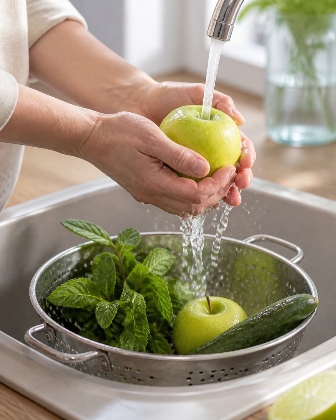 One single photorealistic instructional frame of fresh produce being washed and trimmed for Æble mynte juice, featuring æble, frisk mynte, agurk, with only the named equipment and no unrelated food, text, logos or packaging under tilberedningen af æble mynte juice