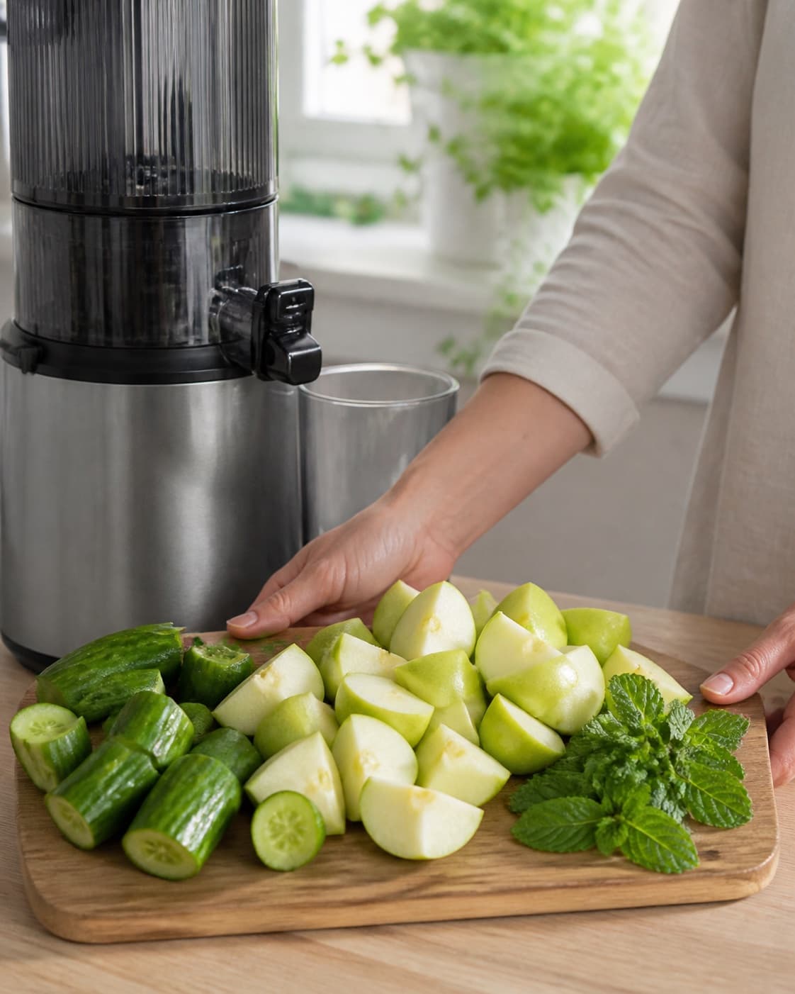 One single photorealistic instructional frame of the produce cut into juicer-size pieces for Æble mynte juice, featuring æble, frisk mynte, agurk, with only the named equipment and no unrelated food, text, logos or packaging under tilberedningen af æble mynte juice