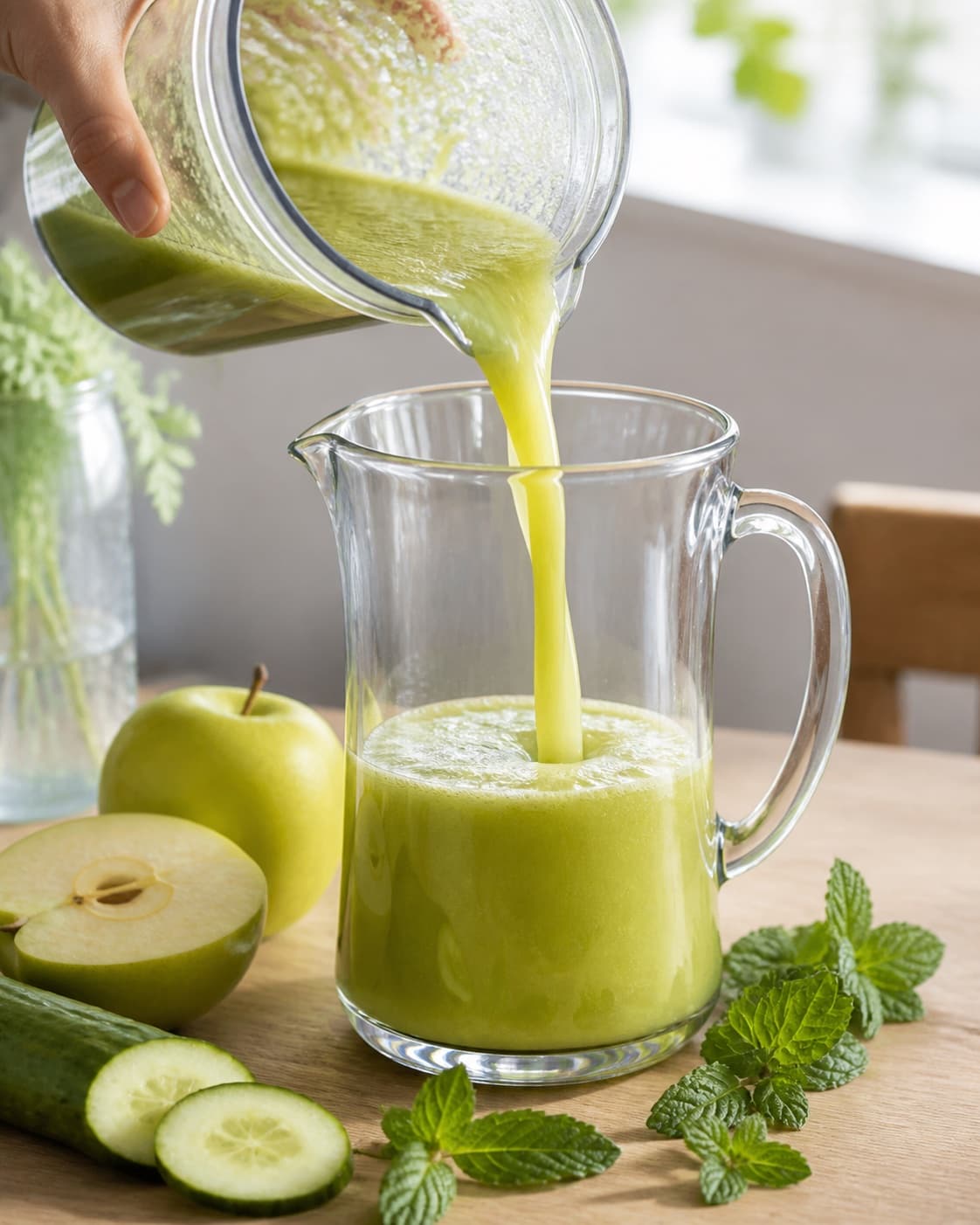 One single photorealistic instructional frame of colorful fresh juice flowing into one clean jug for Æble mynte juice, featuring æble, frisk mynte, agurk, with only the named equipment and no unrelated food, text, logos or packaging under tilberedningen af æble mynte juice