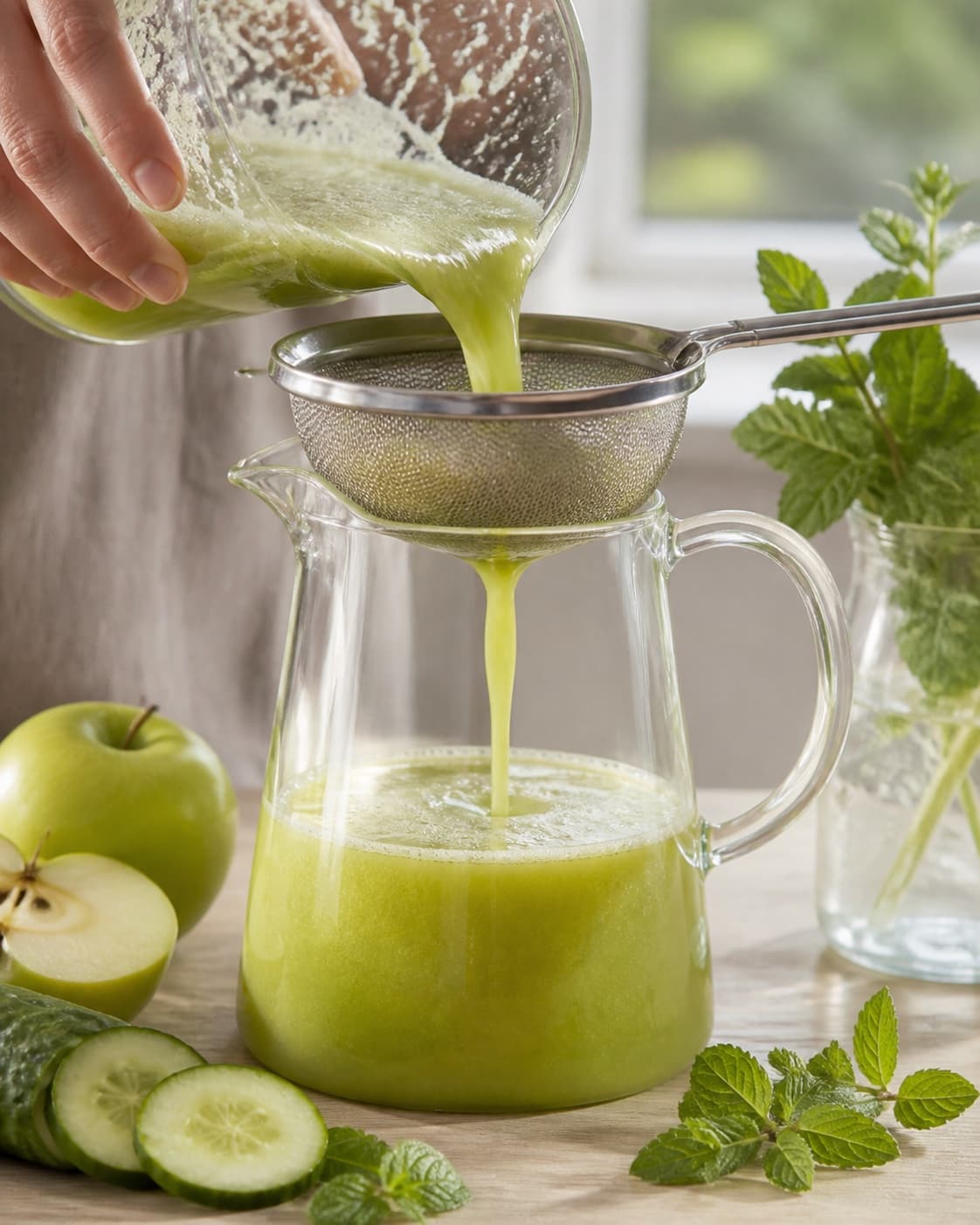 One single photorealistic instructional frame of fresh juice being strained into one jug for Æble mynte juice, featuring æble, frisk mynte, agurk, with only the named equipment and no unrelated food, text, logos or packaging under tilberedningen af æble mynte juice