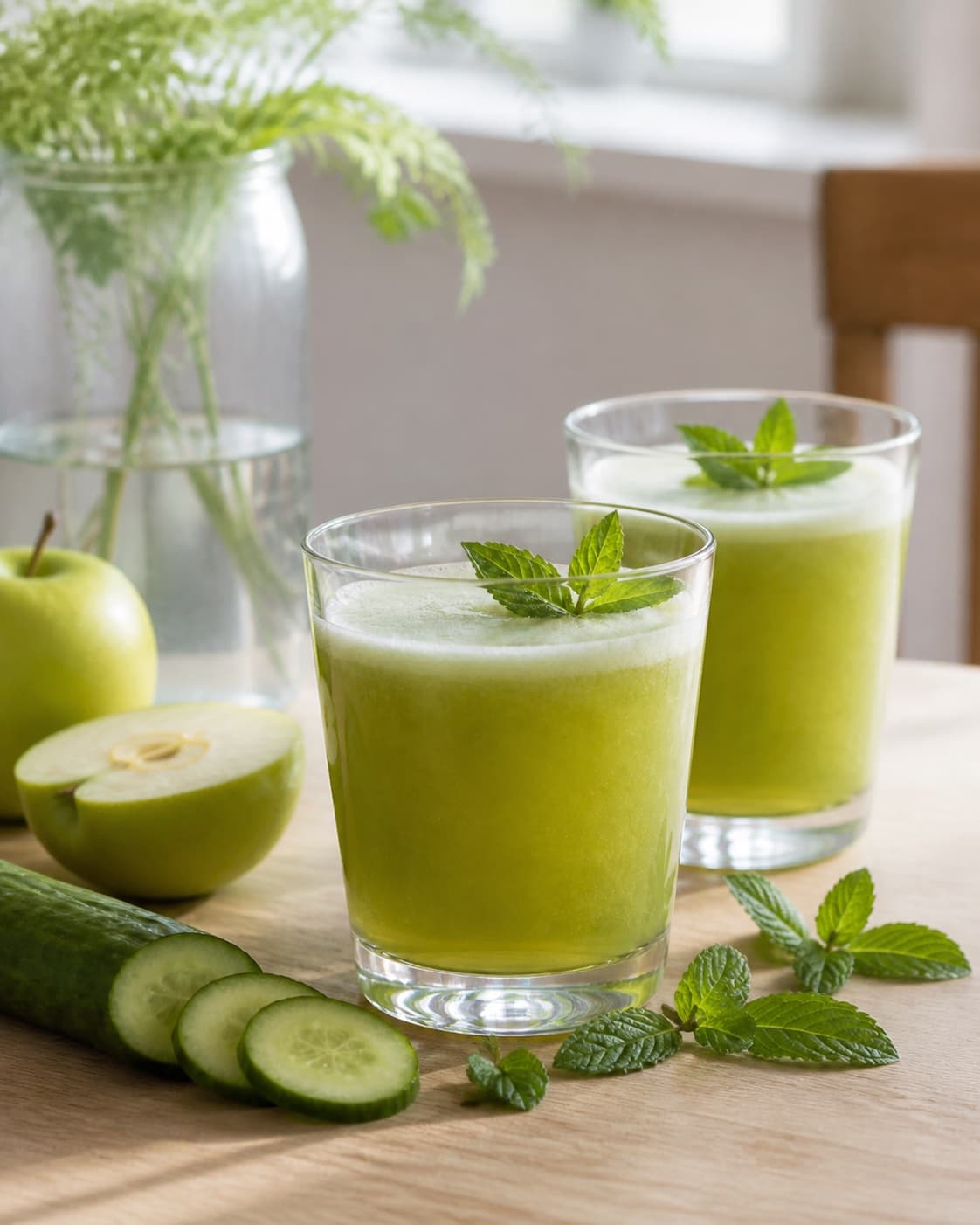 One single photorealistic instructional frame of the finished bright juice in clean chilled glasses for Æble mynte juice, featuring æble, frisk mynte, agurk, with only the named equipment and no unrelated food, text, logos or packaging under tilberedningen af æble mynte juice