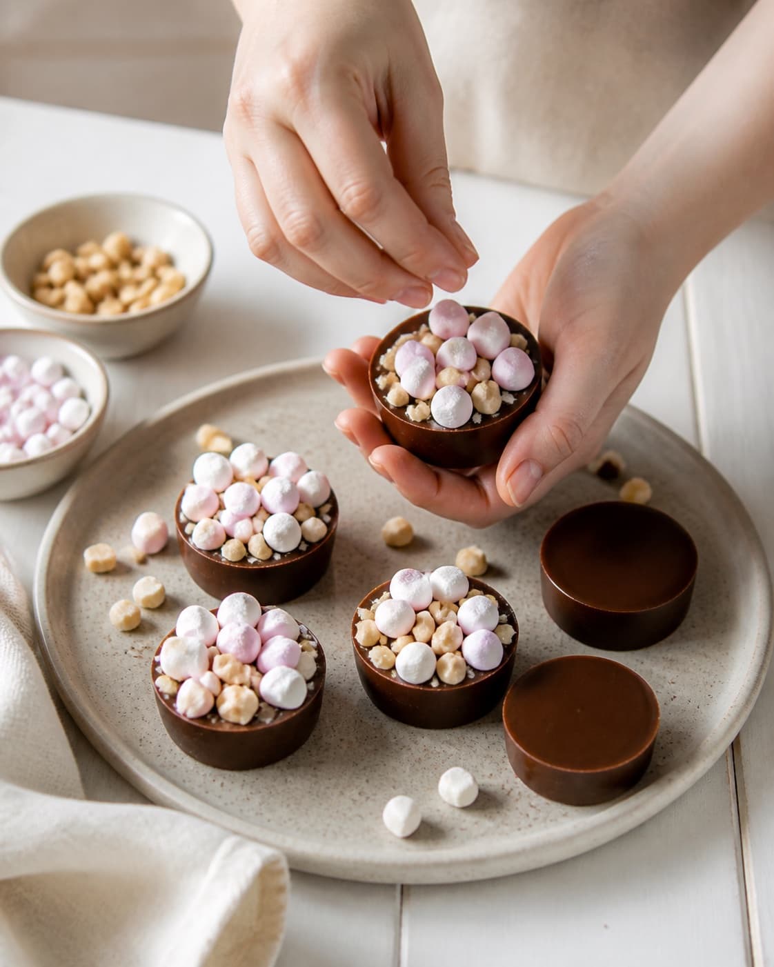 One single photorealistic instructional frame of realistic hands shaping equal confection pieces for Chokoladepinde, featuring mørk chokolade, skumfiduser, hvid chokolade, with only the named equipment and no unrelated food, text, logos or packaging under tilberedningen af chokoladepinde