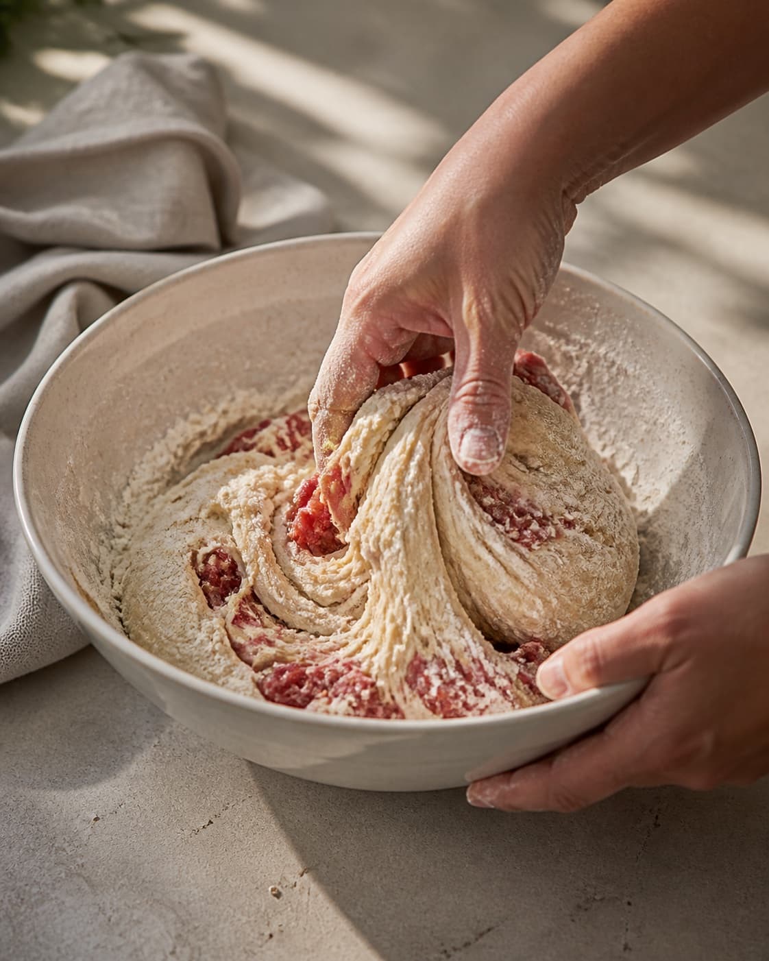 One single photorealistic instructional frame of elastic pizza dough mixing in one bowl for Pizza med kødboller, featuring hvedemel, gær, hakket oksekød, with only the named equipment and no unrelated food, text, logos or packaging under tilberedningen af pizza med kødboller