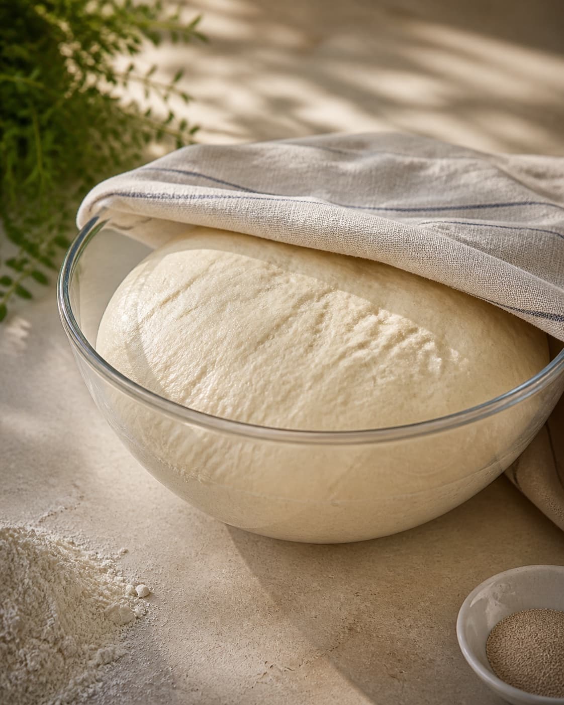 One single photorealistic instructional frame of risen pizza dough in one covered bowl for Pizza med kødboller, featuring hvedemel, gær, hakket oksekød, with only the named equipment and no unrelated food, text, logos or packaging under tilberedningen af pizza med kødboller