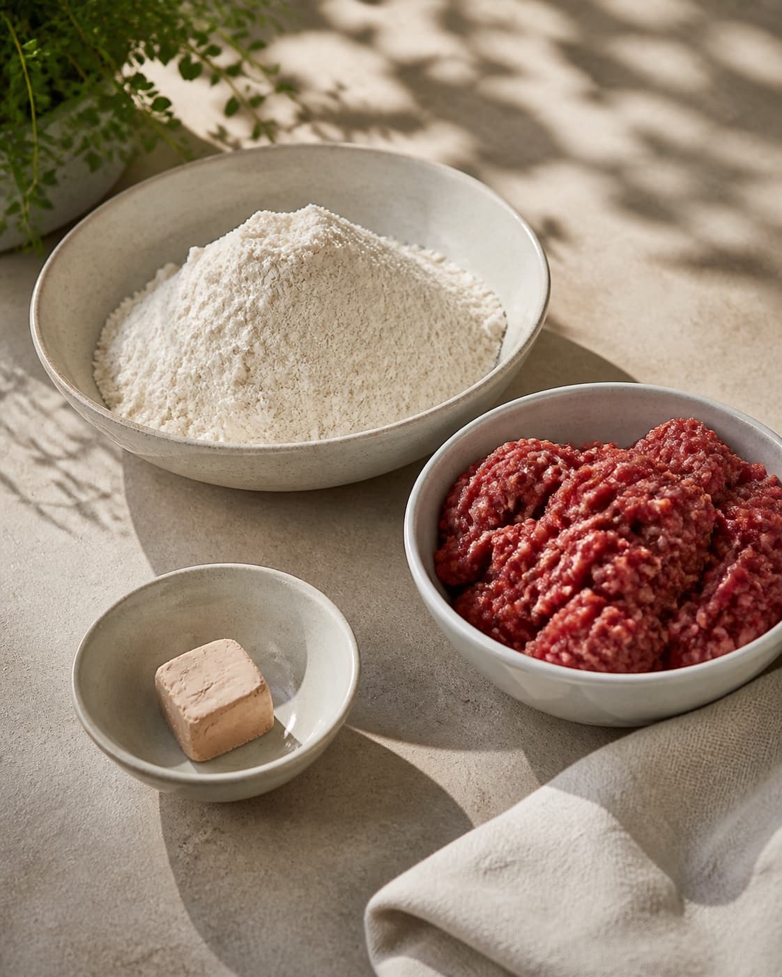 One single photorealistic instructional frame of pizza toppings prepared in separate bowls for Pizza med kødboller, featuring hvedemel, gær, hakket oksekød, with only the named equipment and no unrelated food, text, logos or packaging under tilberedningen af pizza med kødboller