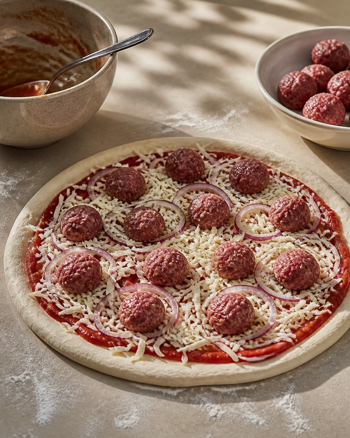 One single photorealistic instructional frame of the raw pizza shaped and topped before baking for Pizza med kødboller, featuring hvedemel, gær, hakket oksekød, with only the named equipment and no unrelated food, text, logos or packaging under tilberedningen af pizza med kødboller