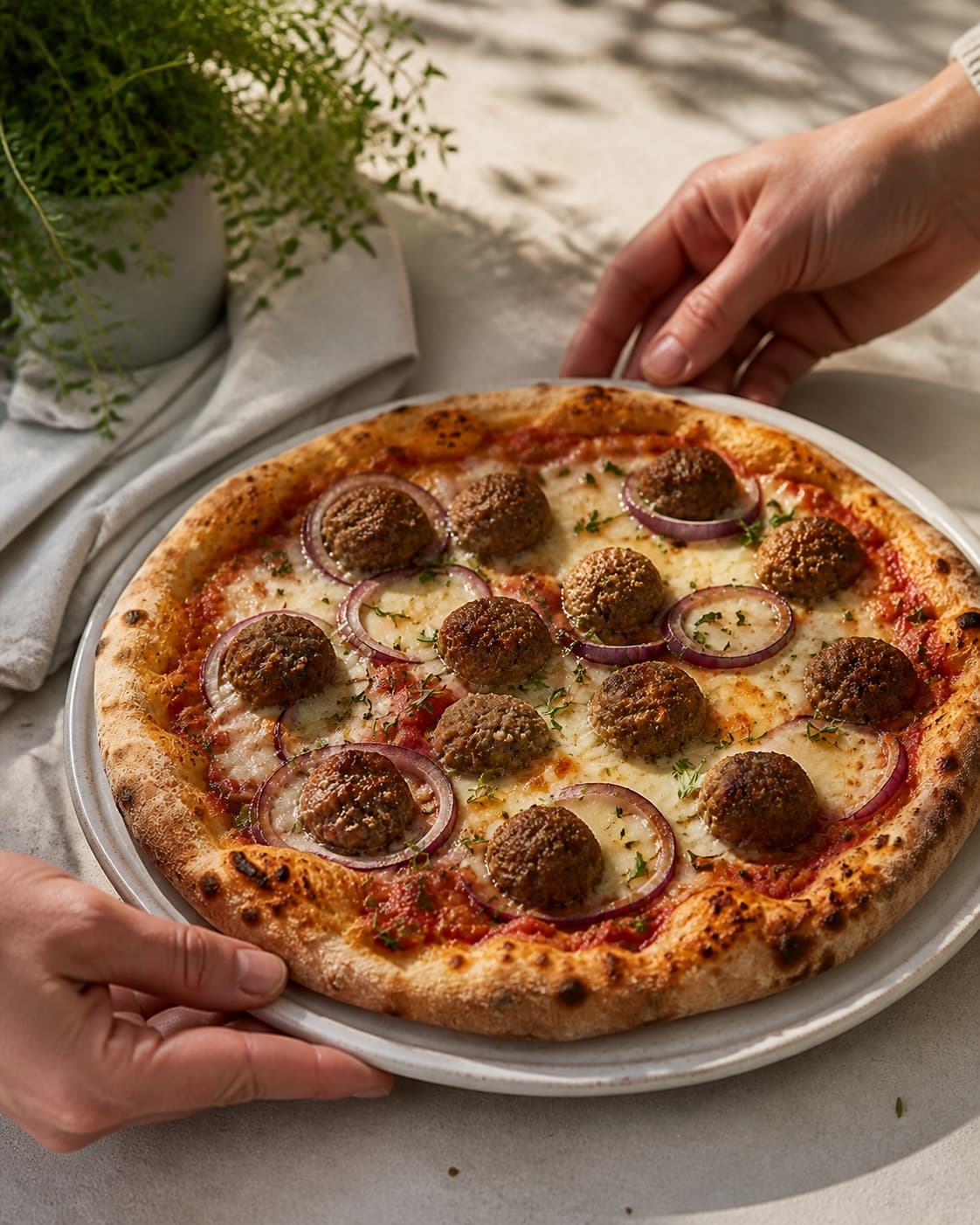 One single photorealistic instructional frame of the finished pizza with a crisp browned crust for Pizza med kødboller, featuring hvedemel, gær, hakket oksekød, with only the named equipment and no unrelated food, text, logos or packaging under tilberedningen af pizza med kødboller