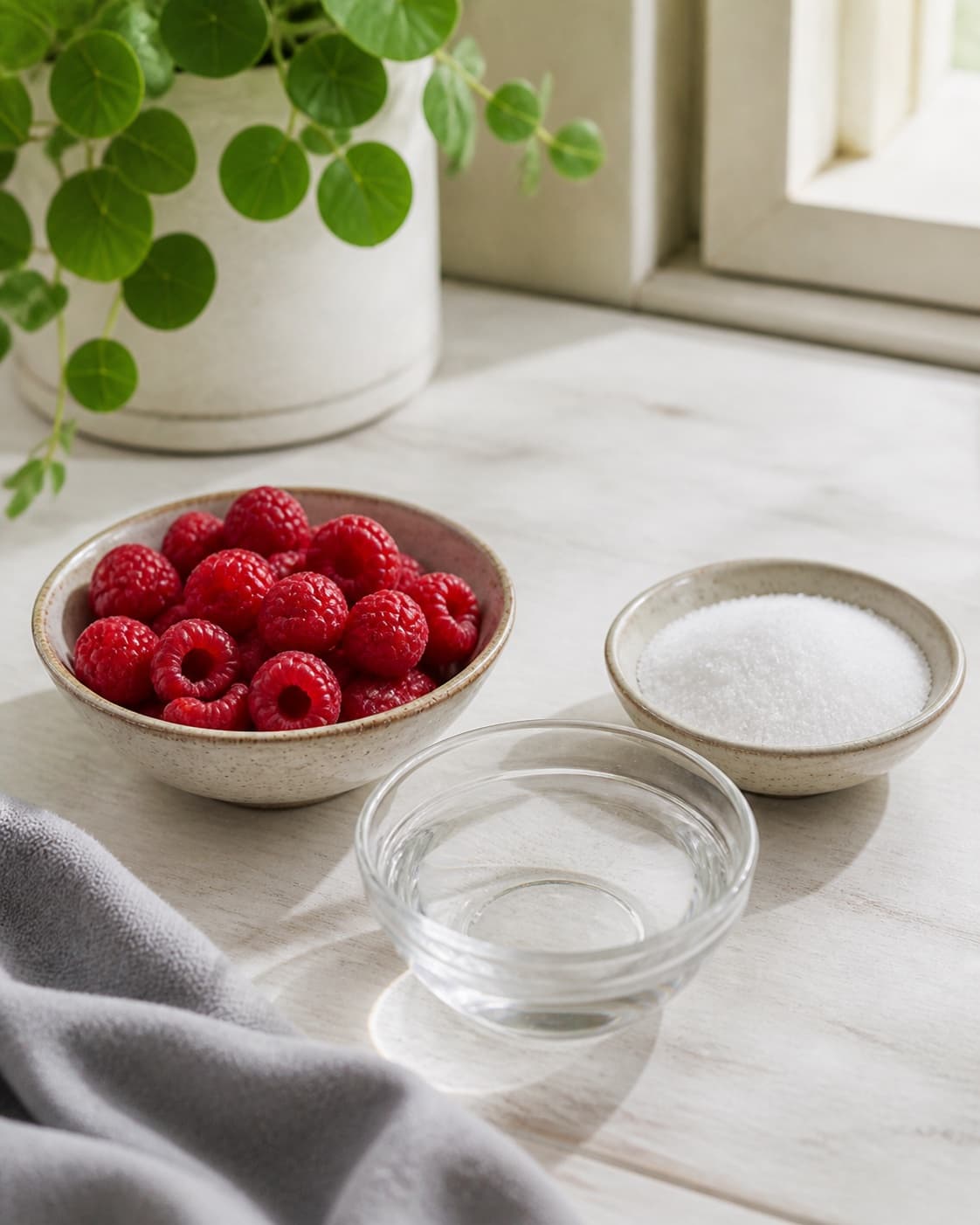 One single photorealistic instructional frame of sauce ingredients prepared in separate bowls for Hindbærsirup med vanilje, featuring hindbær, sukker, vand, with only the named equipment and no unrelated food, text, logos or packaging under tilberedningen af hindbærsirup med vanilje