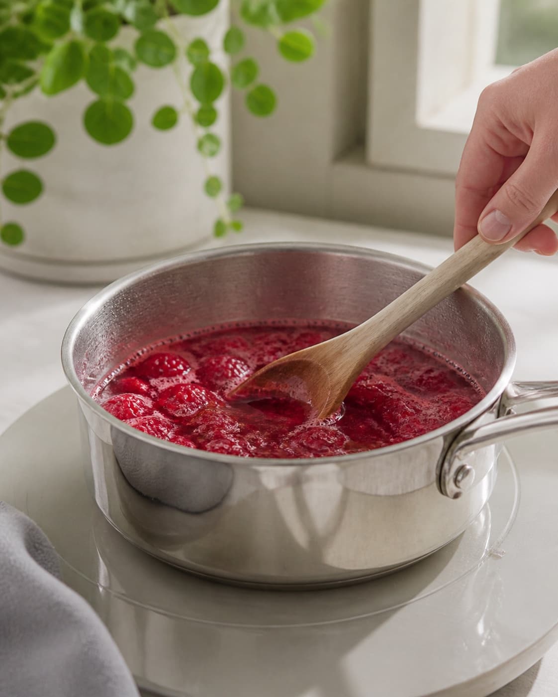 One single photorealistic instructional frame of the sauce base simmering in one saucepan for Hindbærsirup med vanilje, featuring hindbær, sukker, vand, with only the named equipment and no unrelated food, text, logos or packaging under tilberedningen af hindbærsirup med vanilje