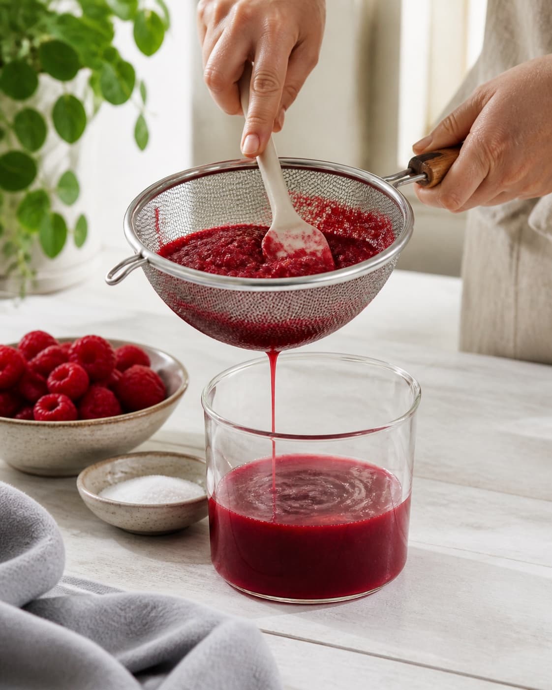 One single photorealistic instructional frame of the cooked sauce being blended or strained smooth for Hindbærsirup med vanilje, featuring hindbær, sukker, vand, with only the named equipment and no unrelated food, text, logos or packaging under tilberedningen af hindbærsirup med vanilje