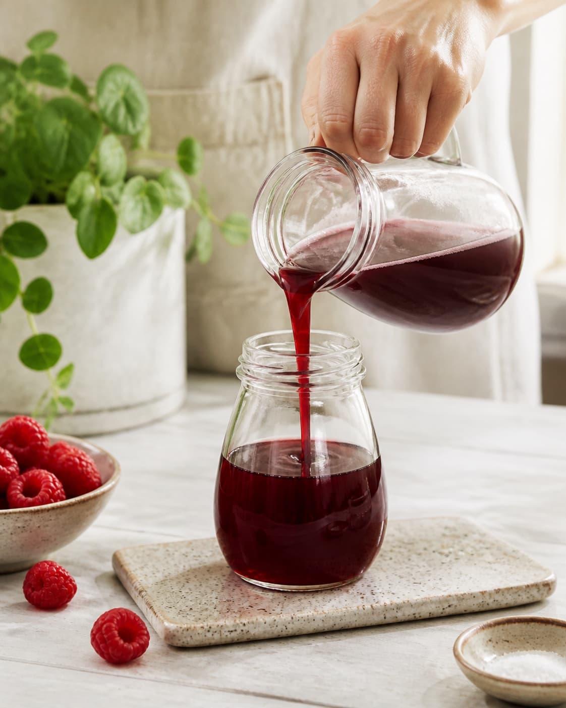 One single photorealistic instructional frame of the finished sauce being transferred into one clean jar for Hindbærsirup med vanilje, featuring hindbær, sukker, vand, with only the named equipment and no unrelated food, text, logos or packaging under tilberedningen af hindbærsirup med vanilje