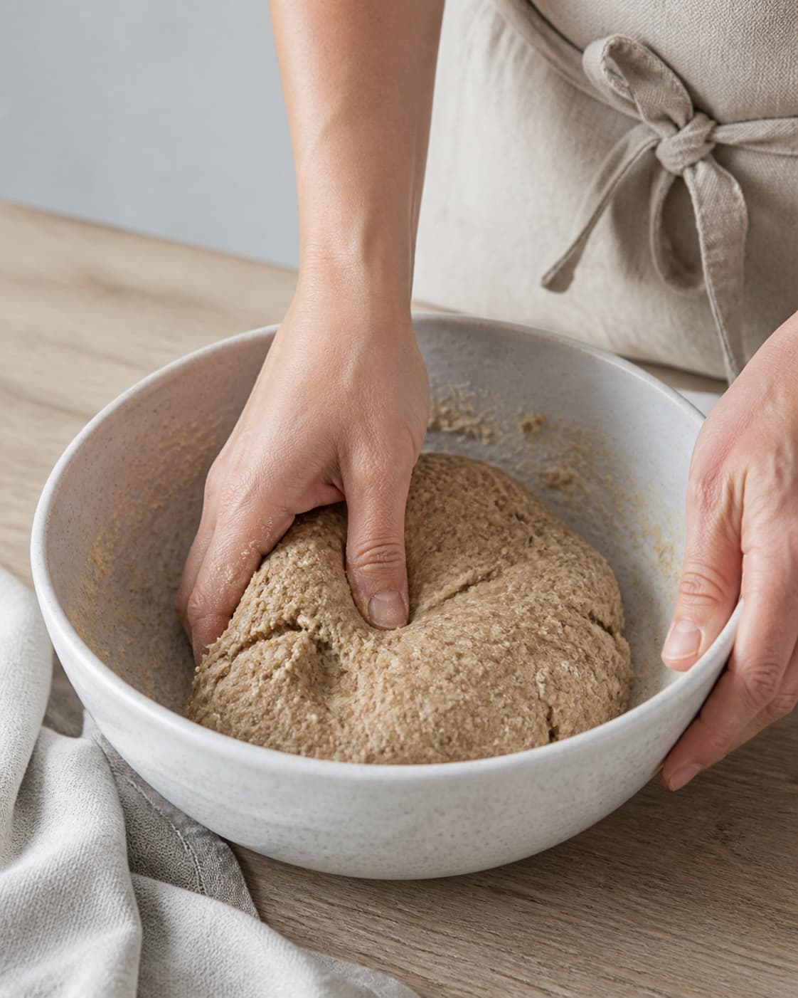 One single photorealistic instructional frame of a cohesive pastry dough being mixed in one bowl for Rugkiks, featuring rugmel, hvedemel, smør, with only the named equipment and no unrelated food, text, logos or packaging under tilberedningen af rugkiks