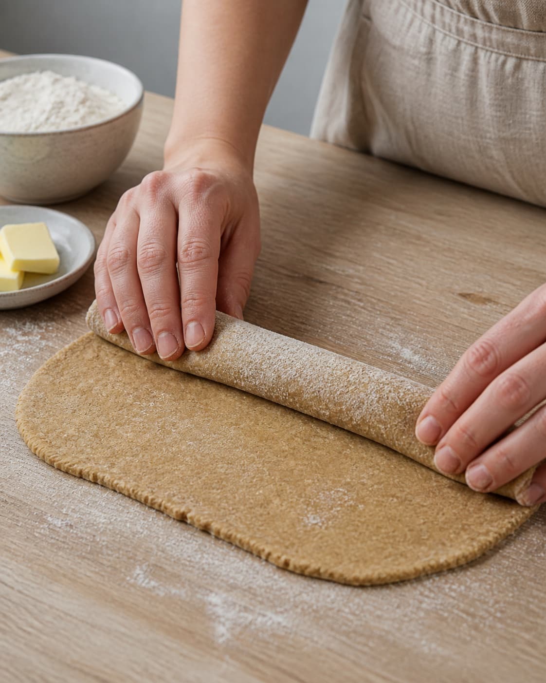 One single photorealistic instructional frame of pastry being rolled filled and sealed by realistic hands for Rugkiks, featuring rugmel, hvedemel, smør, with only the named equipment and no unrelated food, text, logos or packaging under tilberedningen af rugkiks