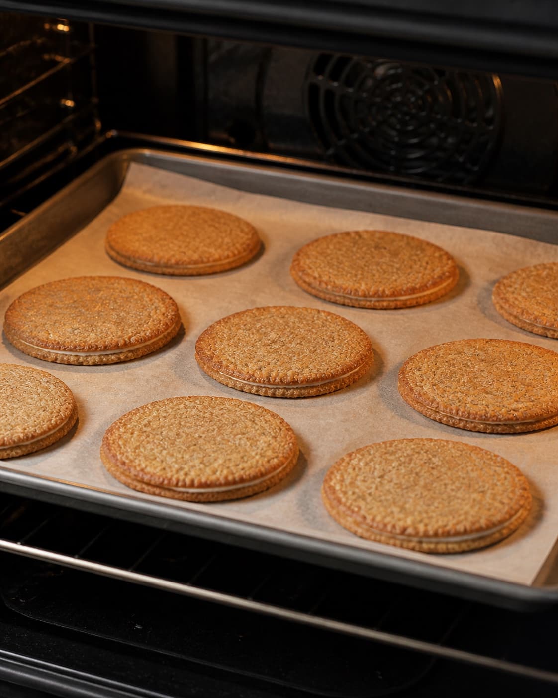 One single photorealistic instructional frame of golden filled pastries baking on one tray for Rugkiks, featuring rugmel, hvedemel, smør, with only the named equipment and no unrelated food, text, logos or packaging under tilberedningen af rugkiks