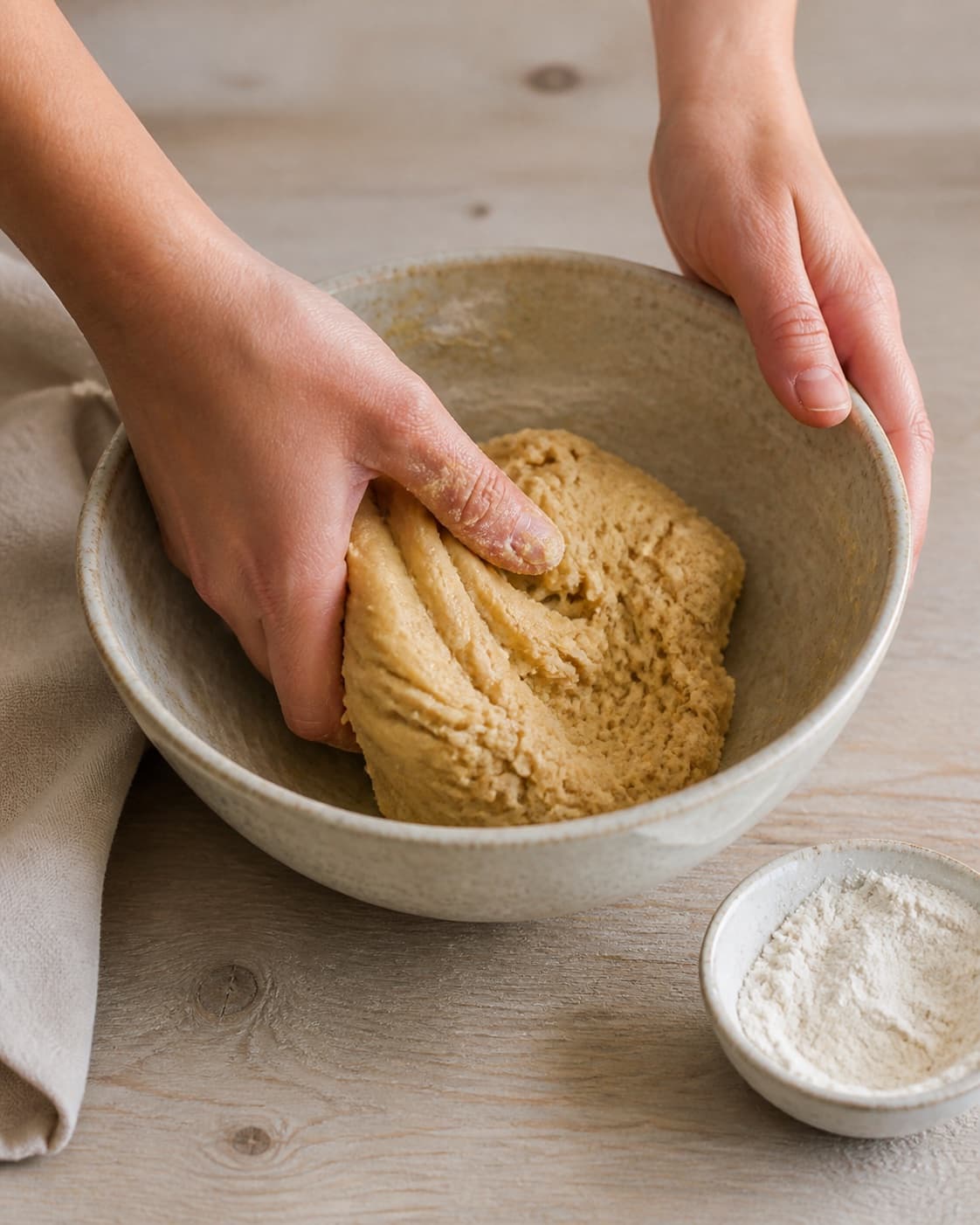 One single photorealistic instructional frame of a cohesive pastry dough being mixed in one bowl for Kardemommekiks, featuring hvedemel, smør, sukker, with only the named equipment and no unrelated food, text, logos or packaging under tilberedningen af kardemommekiks