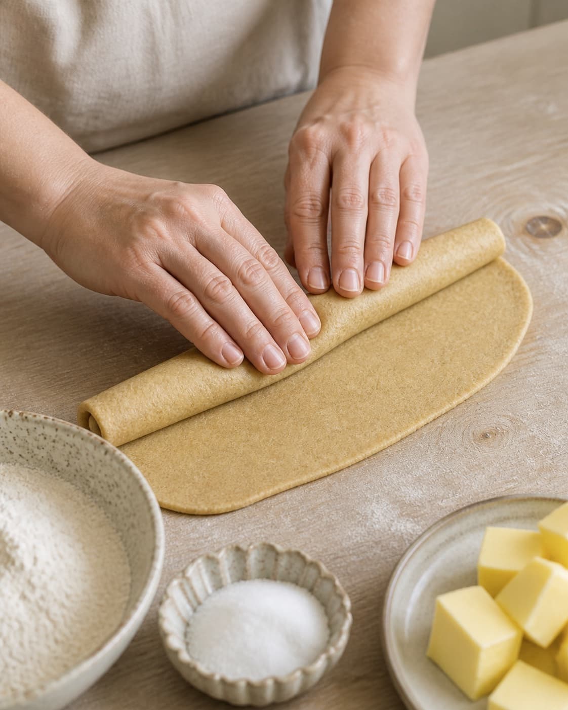 One single photorealistic instructional frame of pastry being rolled filled and sealed by realistic hands for Kardemommekiks, featuring hvedemel, smør, sukker, with only the named equipment and no unrelated food, text, logos or packaging under tilberedningen af kardemommekiks