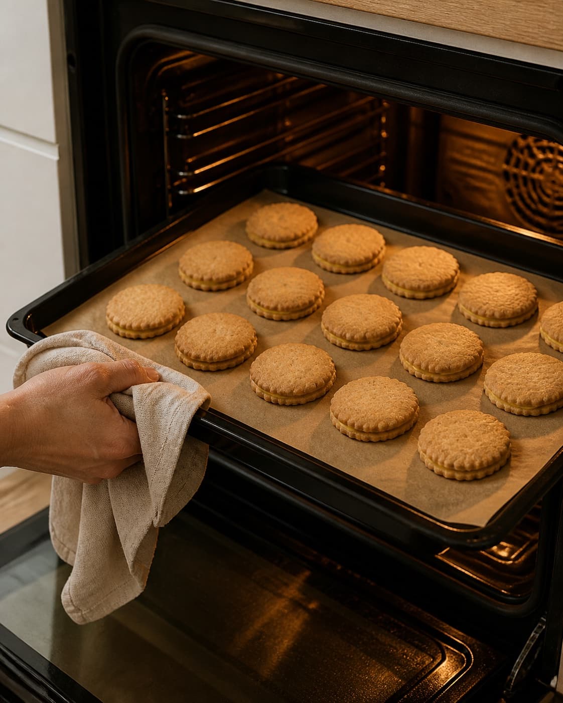 One single photorealistic instructional frame of golden filled pastries baking on one tray for Kardemommekiks, featuring hvedemel, smør, sukker, with only the named equipment and no unrelated food, text, logos or packaging under tilberedningen af kardemommekiks