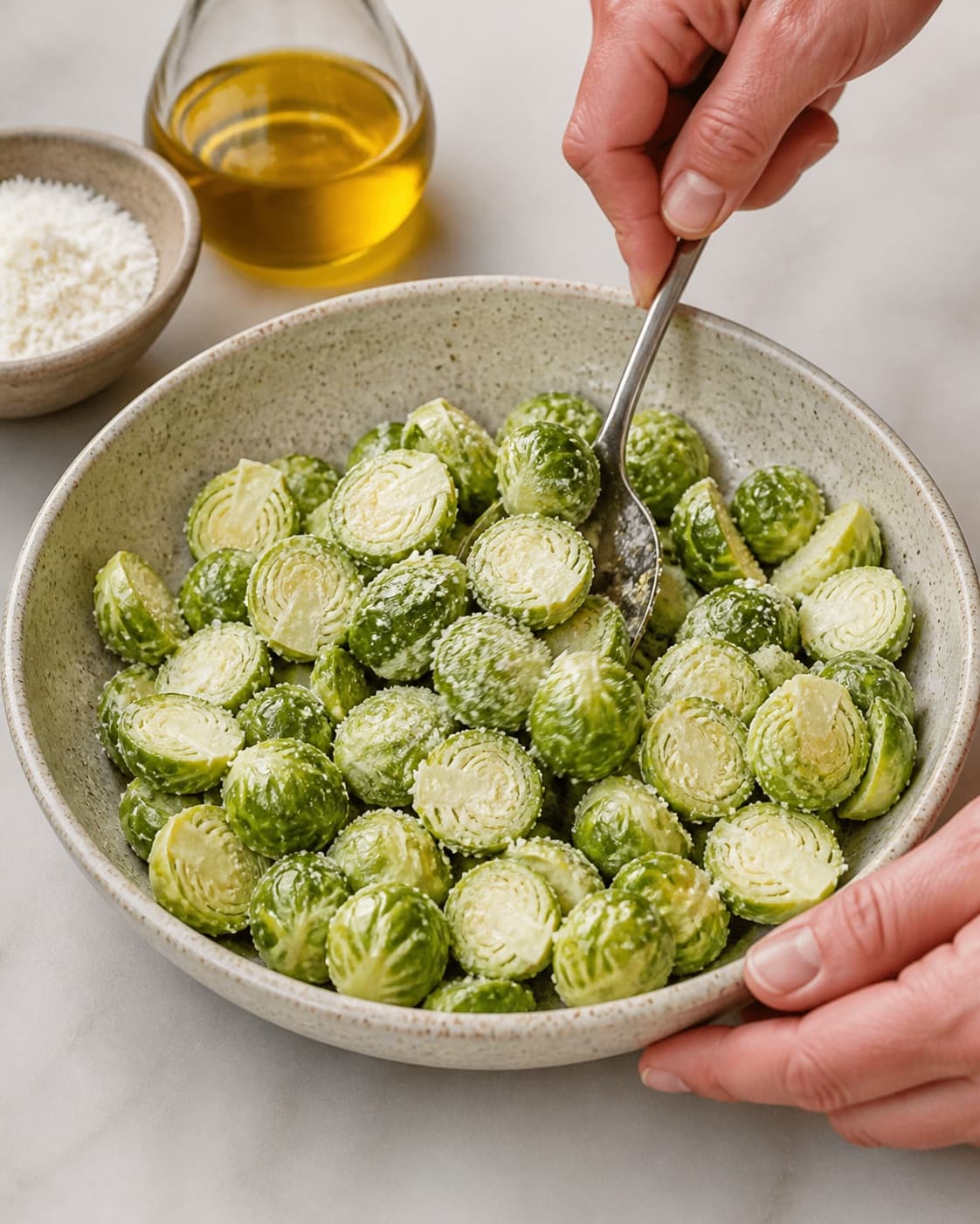 One single photorealistic instructional frame of the main ingredient being evenly coated with seasoning for Rosenkålschips, featuring rosenkål, olivenolie, parmesan, with only the named equipment and no unrelated food, text, logos or packaging under tilberedningen af rosenkålschips