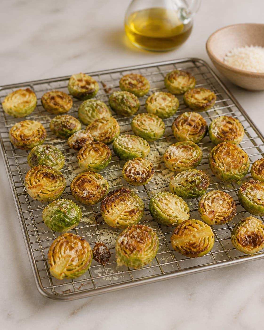 One single photorealistic instructional frame of the cooked ingredient resting uncovered on one rack or platter for Rosenkålschips, featuring rosenkål, olivenolie, parmesan, with only the named equipment and no unrelated food, text, logos or packaging under tilberedningen af rosenkålschips