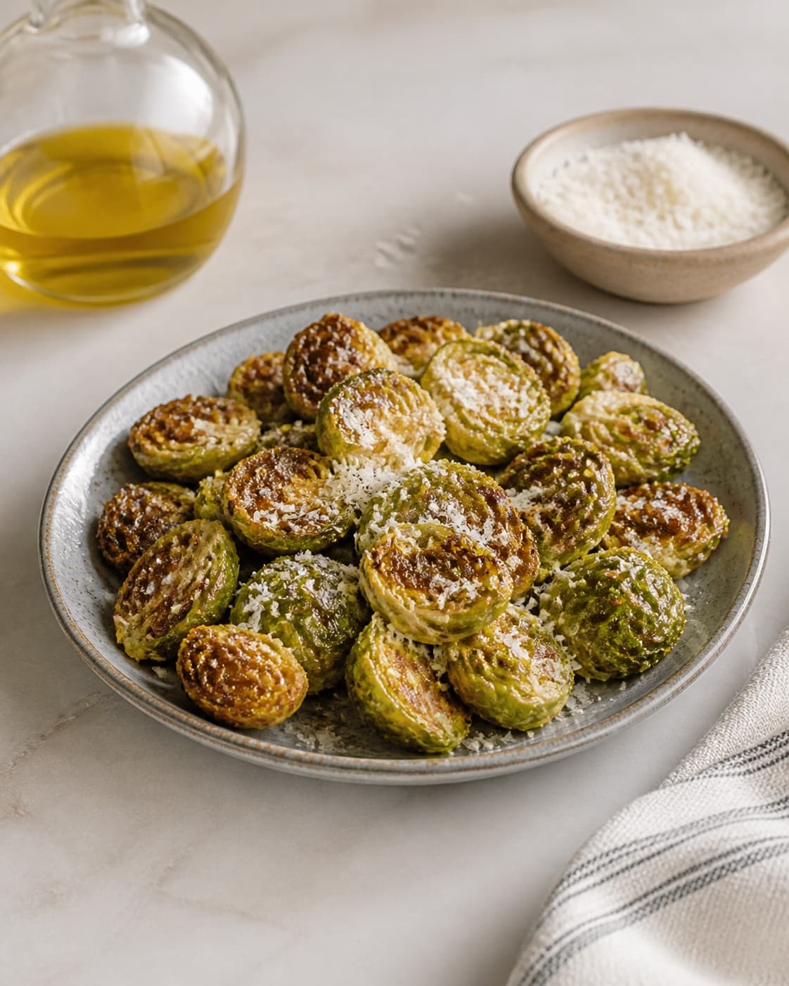 One single photorealistic instructional frame of the finished roasted dish portioned on one serving platter for Rosenkålschips, featuring rosenkål, olivenolie, parmesan, with only the named equipment and no unrelated food, text, logos or packaging under tilberedningen af rosenkålschips