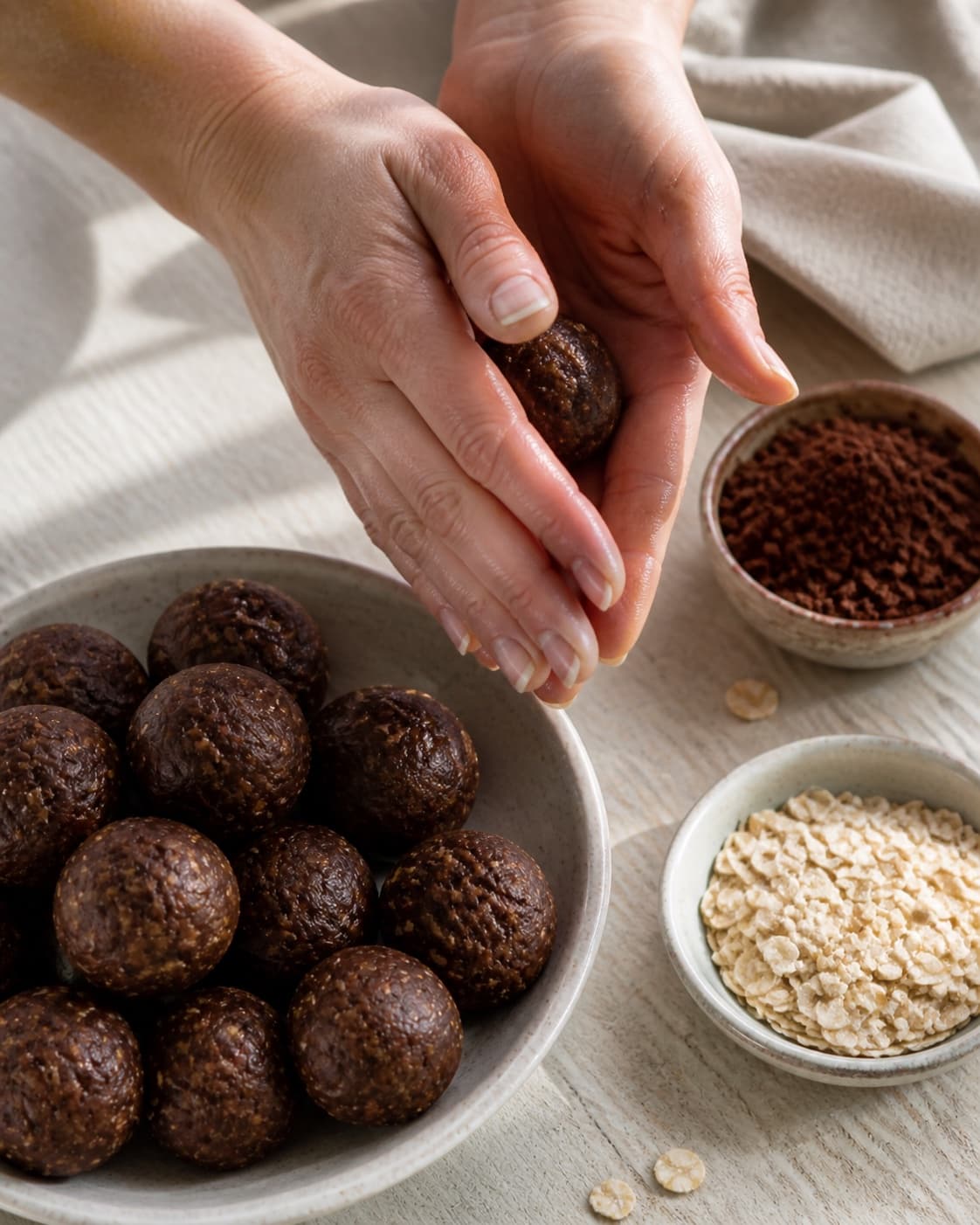 One single photorealistic instructional frame of realistic hands shaping equal confection pieces for Sunde chokolade kugler, featuring dadler, kakaopulver, havregryn, with only the named equipment and no unrelated food, text, logos or packaging under tilberedningen af sunde chokolade kugler