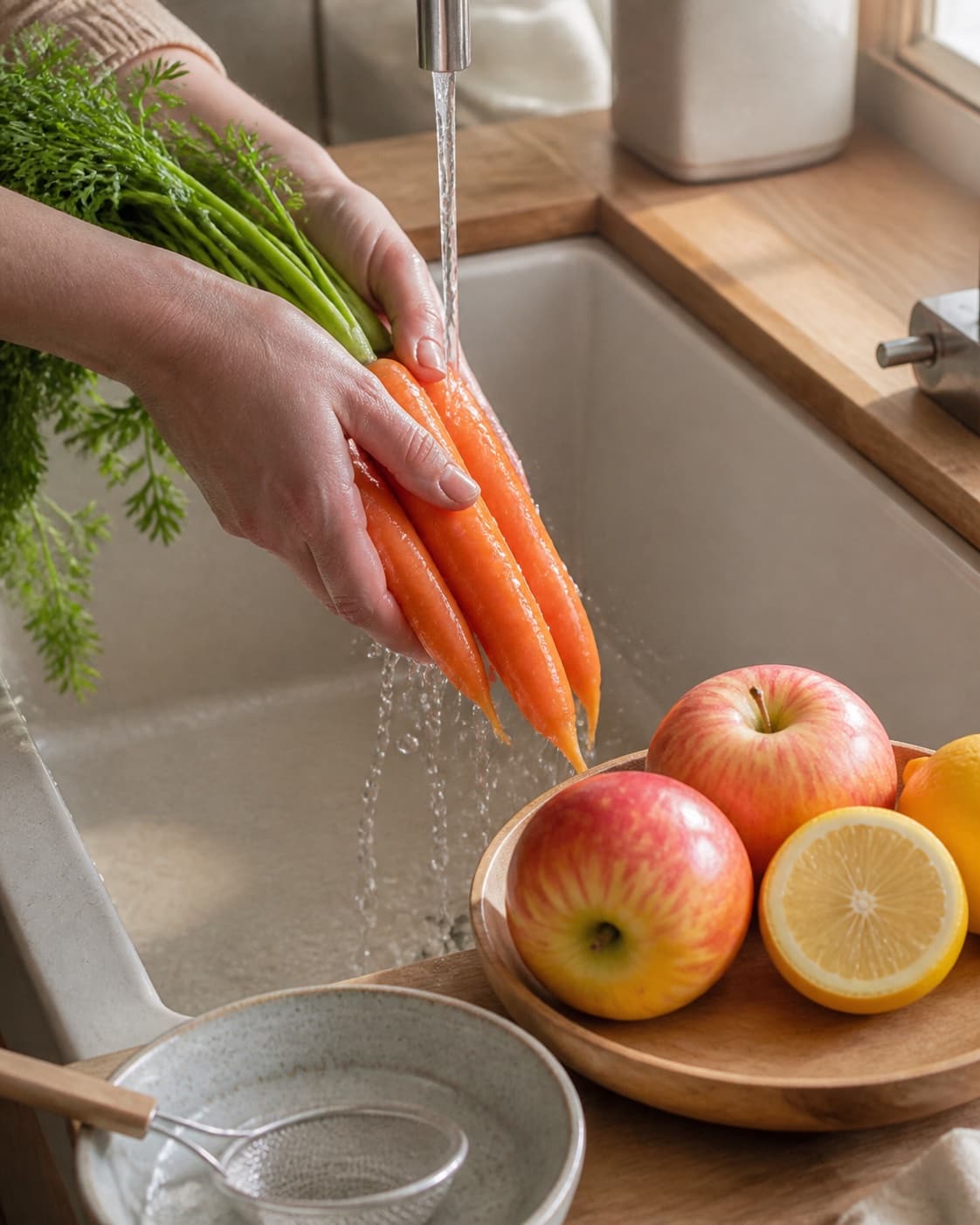 One single photorealistic instructional frame of fresh produce being washed and trimmed for Gulerodsjuice, featuring gulerødder, æbler, citron, with only the named equipment and no unrelated food, text, logos or packaging under tilberedningen af gulerodsjuice