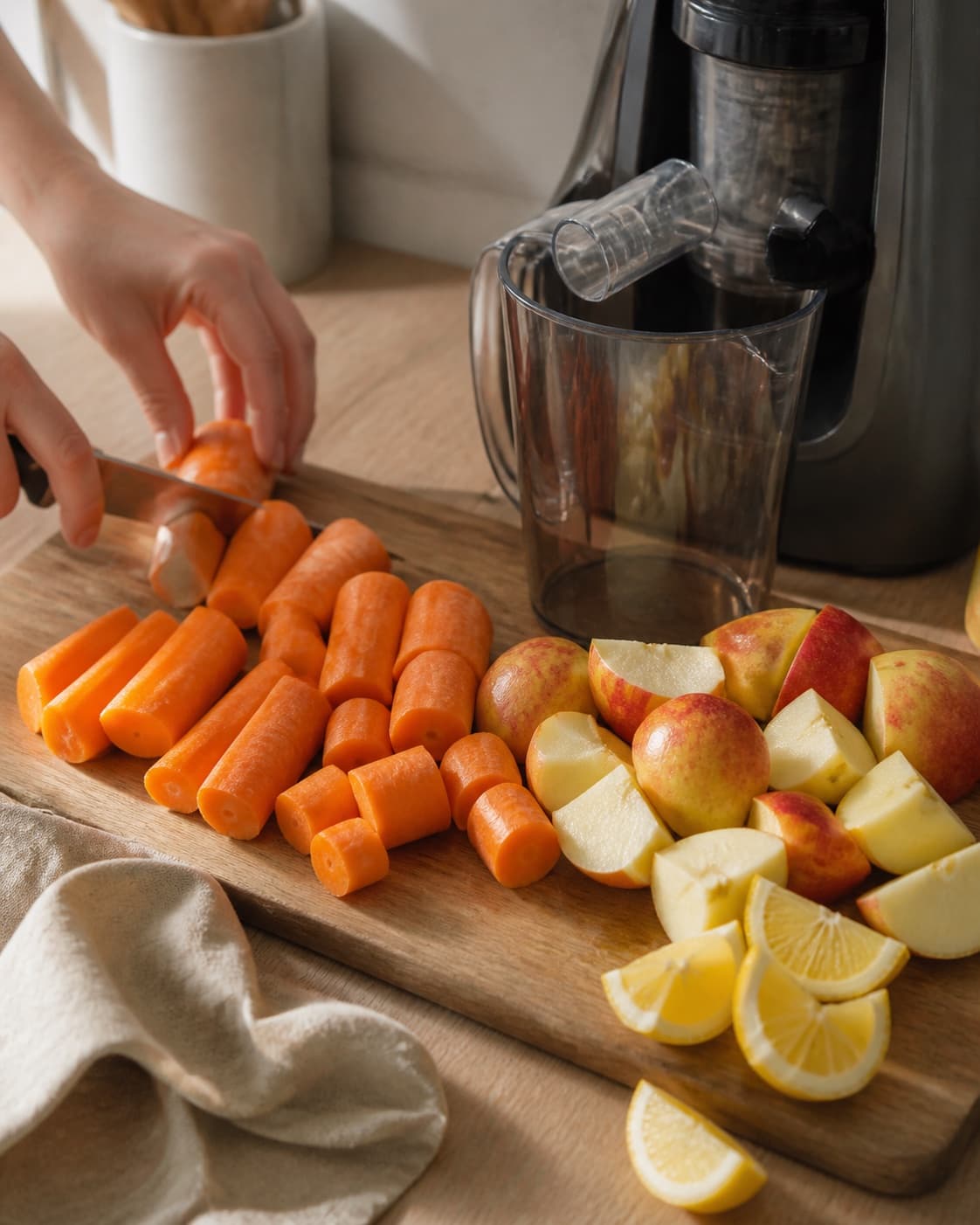 One single photorealistic instructional frame of the produce cut into juicer-size pieces for Gulerodsjuice, featuring gulerødder, æbler, citron, with only the named equipment and no unrelated food, text, logos or packaging under tilberedningen af gulerodsjuice