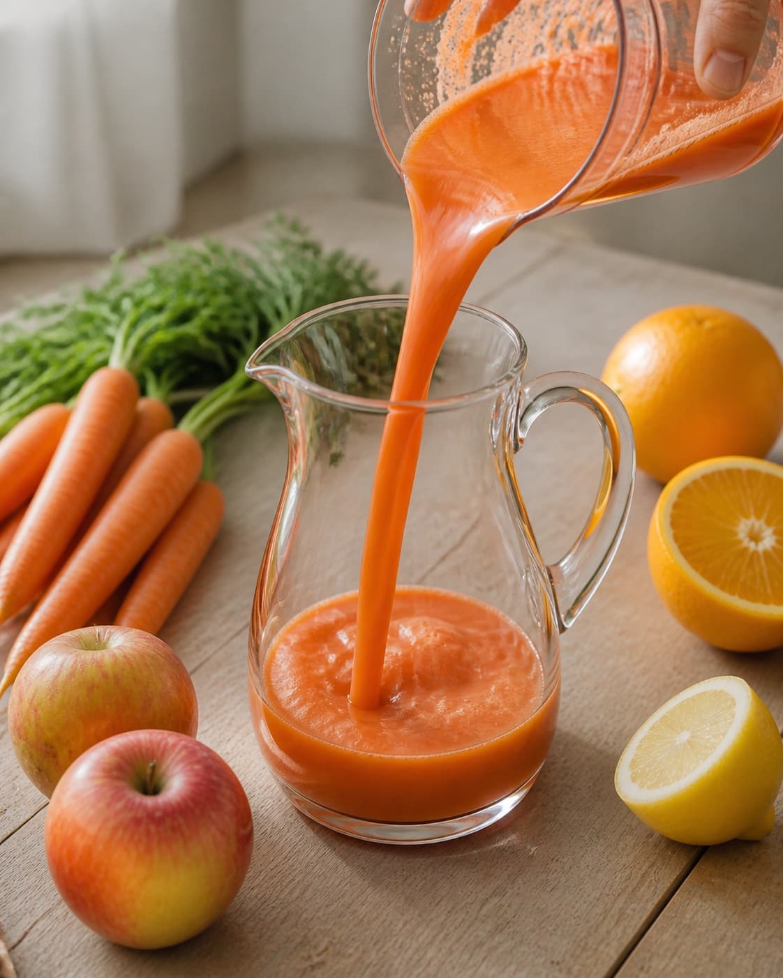 One single photorealistic instructional frame of colorful fresh juice flowing into one clean jug for Gulerodsjuice, featuring gulerødder, æbler, citron, with only the named equipment and no unrelated food, text, logos or packaging under tilberedningen af gulerodsjuice
