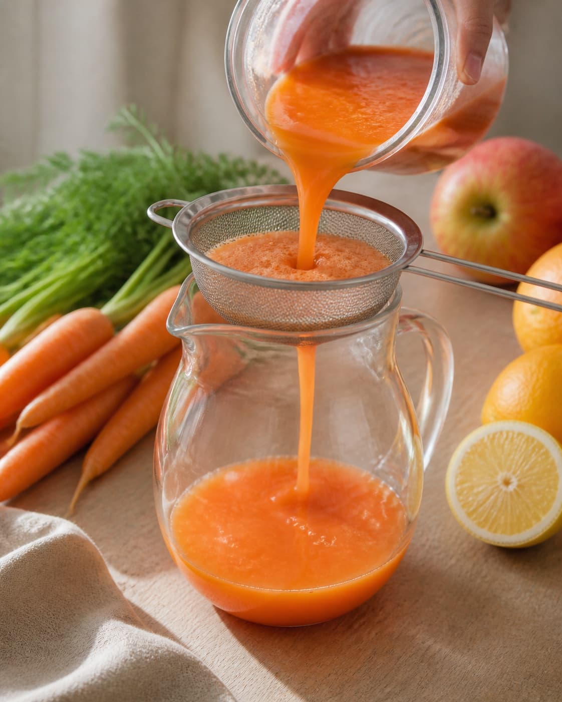 One single photorealistic instructional frame of fresh juice being strained into one jug for Gulerodsjuice, featuring gulerødder, æbler, citron, with only the named equipment and no unrelated food, text, logos or packaging under tilberedningen af gulerodsjuice