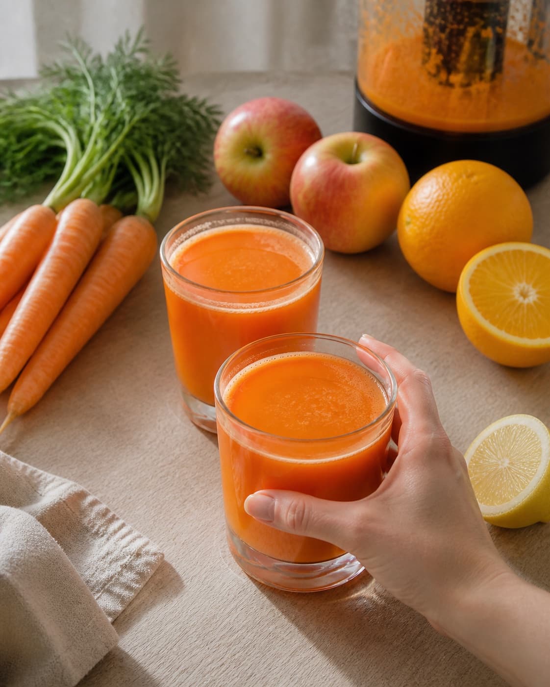 One single photorealistic instructional frame of the finished bright juice in clean chilled glasses for Gulerodsjuice, featuring gulerødder, æbler, citron, with only the named equipment and no unrelated food, text, logos or packaging under tilberedningen af gulerodsjuice