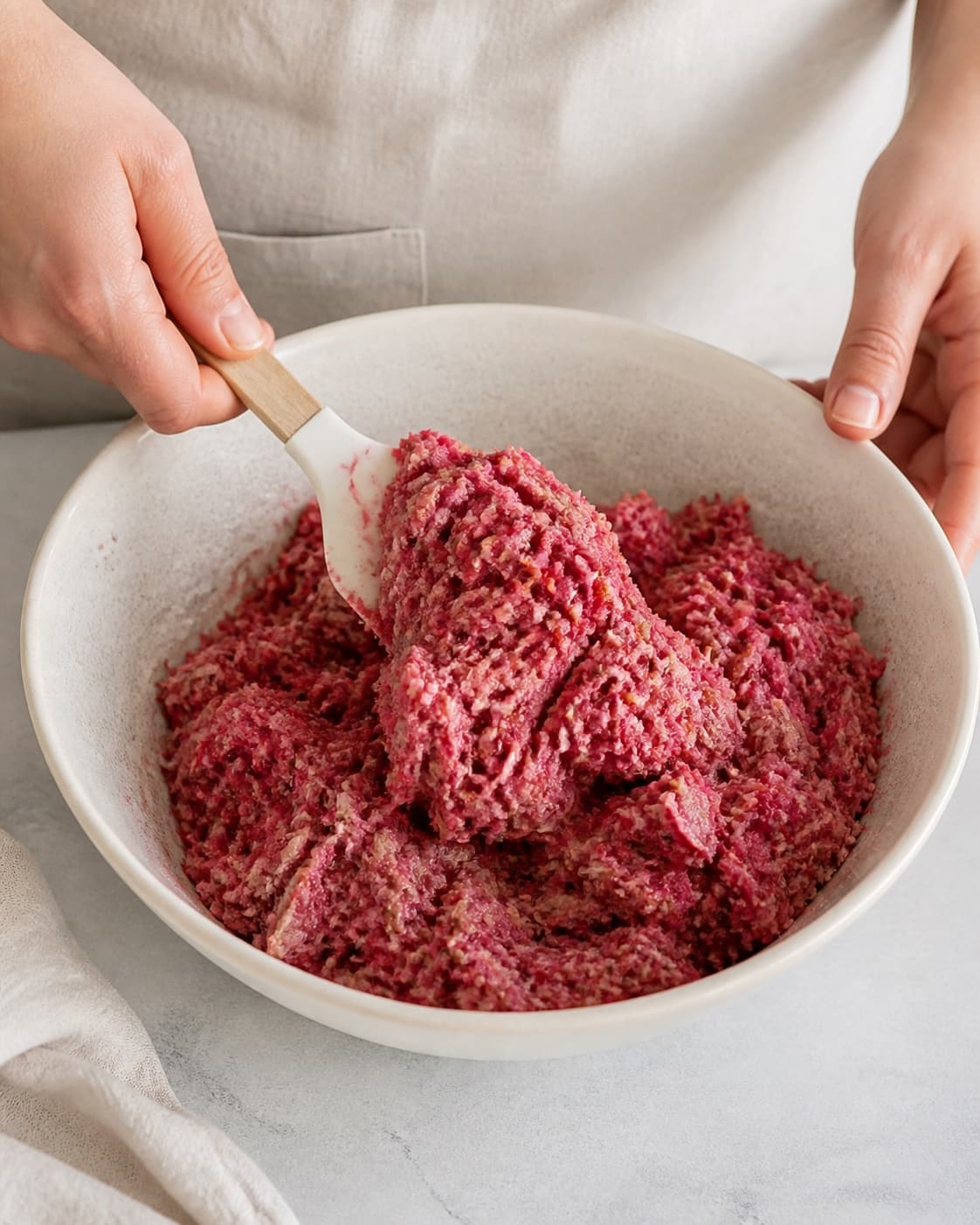 One single photorealistic instructional frame of the cohesive patty mixture being folded in one bowl for Pink tundeller, featuring tun i vand, rødbede, æg, with only the named equipment and no unrelated food, text, logos or packaging under tilberedningen af pink tundeller